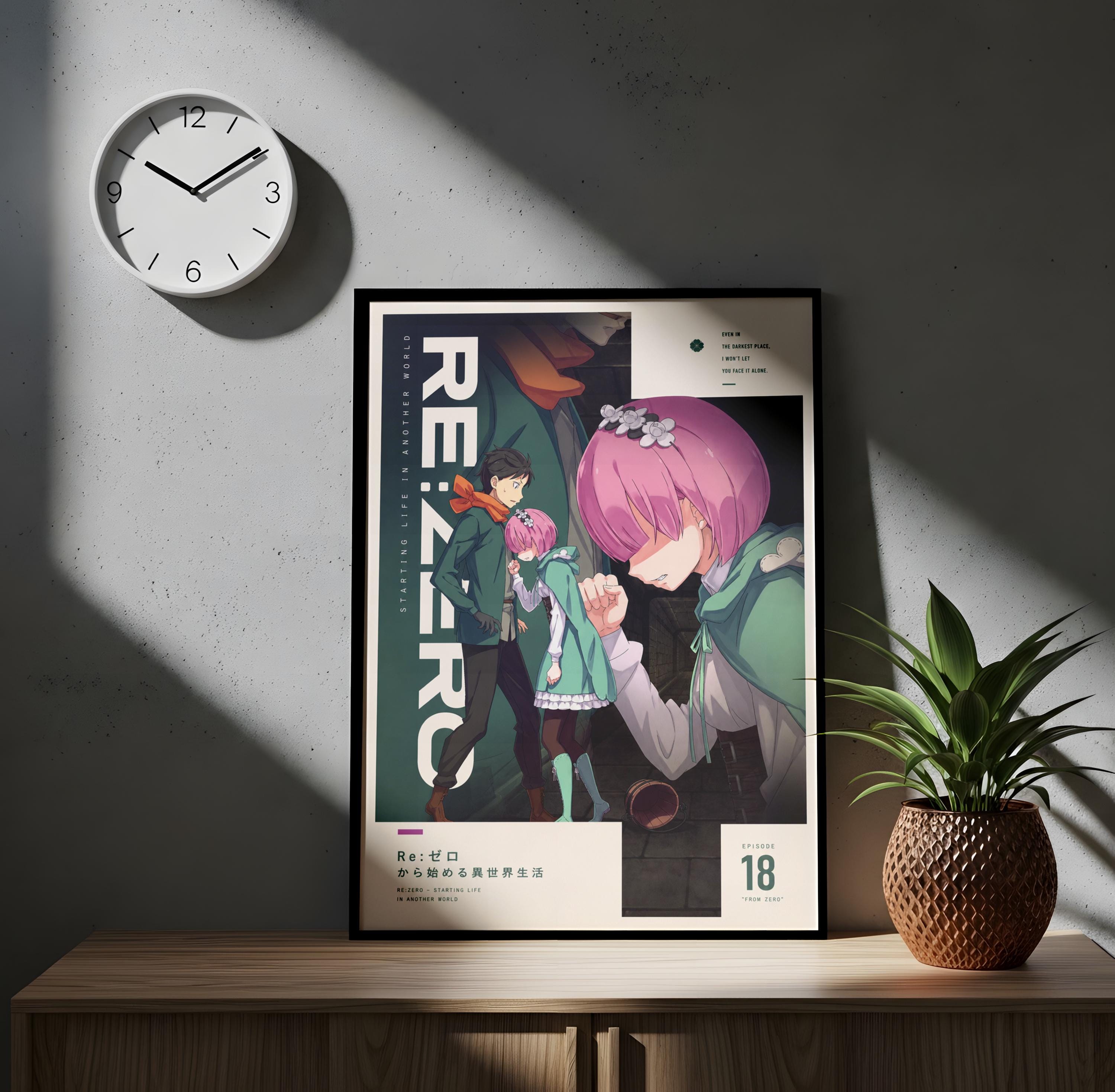 a poster of an anime character with a clock on the wall above it.