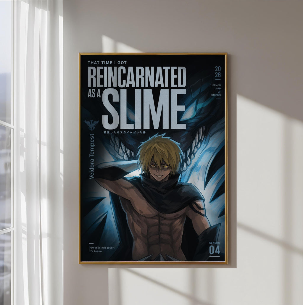 The image is a poster featuring an anime-style character with a muscular build and blonde hair, wearing a black outfit and standing in a dark, ominous setting.