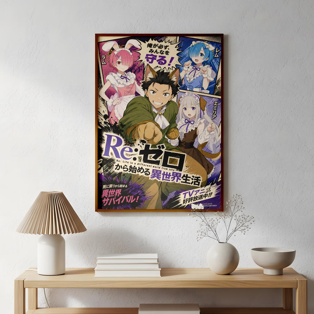 The image is a poster featuring characters from the anime series Re:Zero.