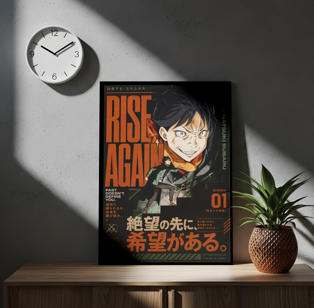 a poster of a character from an anime series, with a clock on the wall above it.
