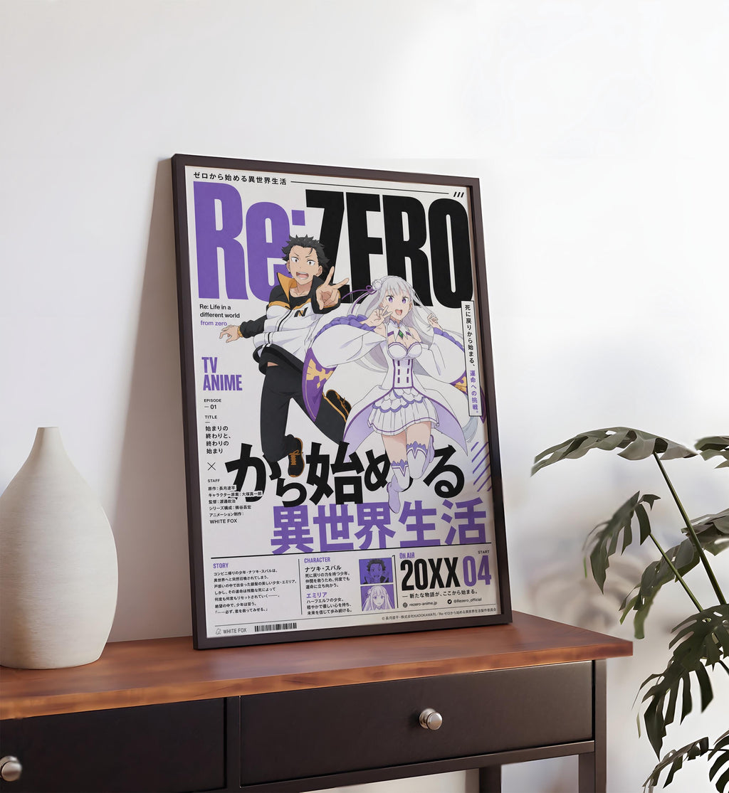 an anime poster for the TV series "Re:Zero" with a wooden table in the foreground.