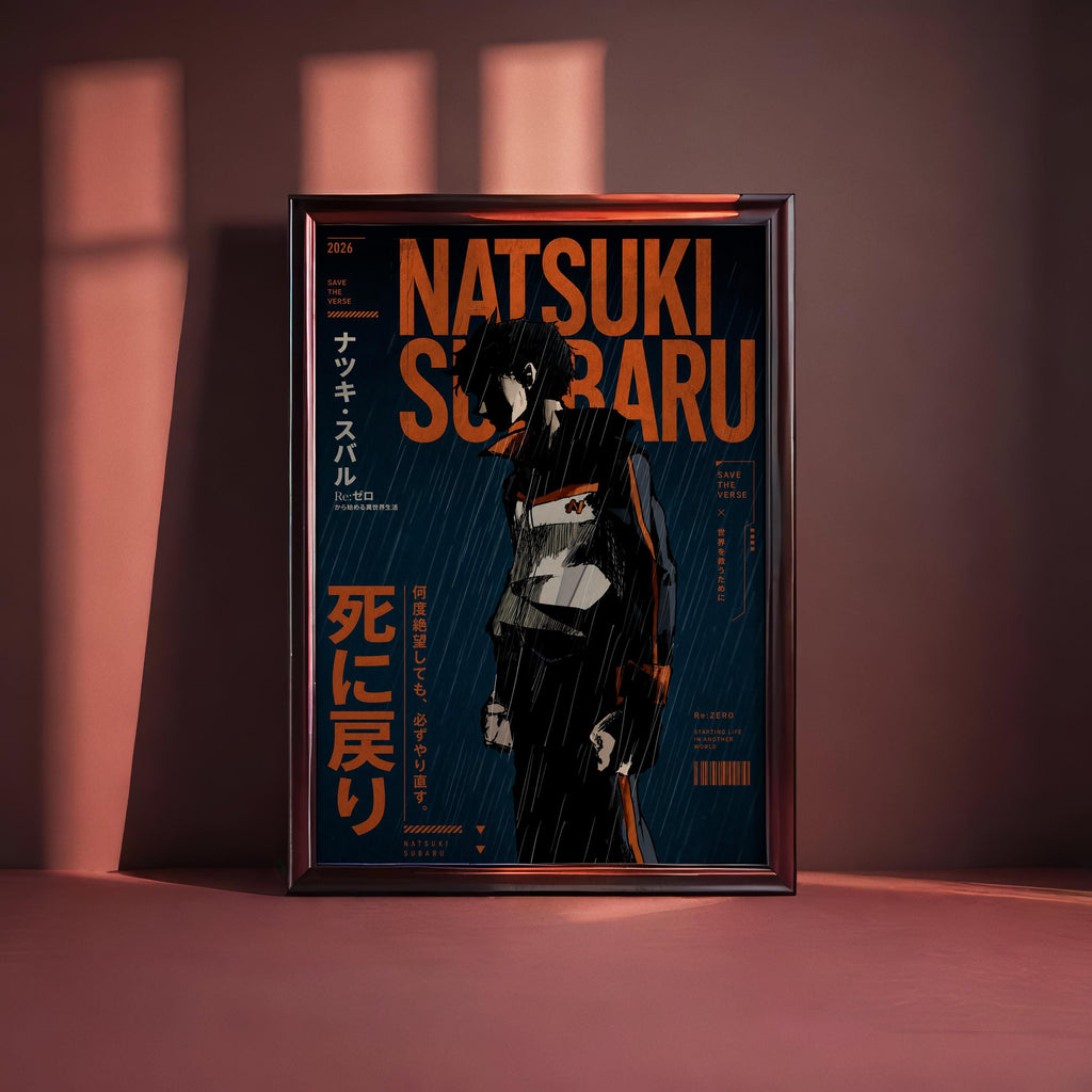a poster with the name "NATSUKI SCARU" prominently displayed in large orange letters. The poster also includes Japanese text and a silhouette of a person in a dark outfit, likely representing the character Natsuaki Scaru from a film or anime. The poster is framed and placed on a pinkish-red surface, with shadows cast by the surrounding environment.