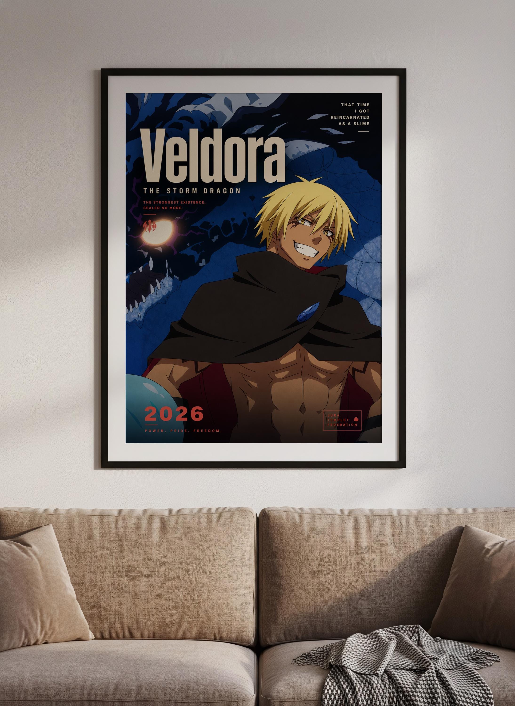 The image is a framed poster of an anime character named Veldora, who is the main focus of the poster. The poster features a close-up of Veldora's face and upper body, along with a dark background that includes a stormy dragon. The poster is hung on a wall above a couch, creating a cozy and visually appealing display.