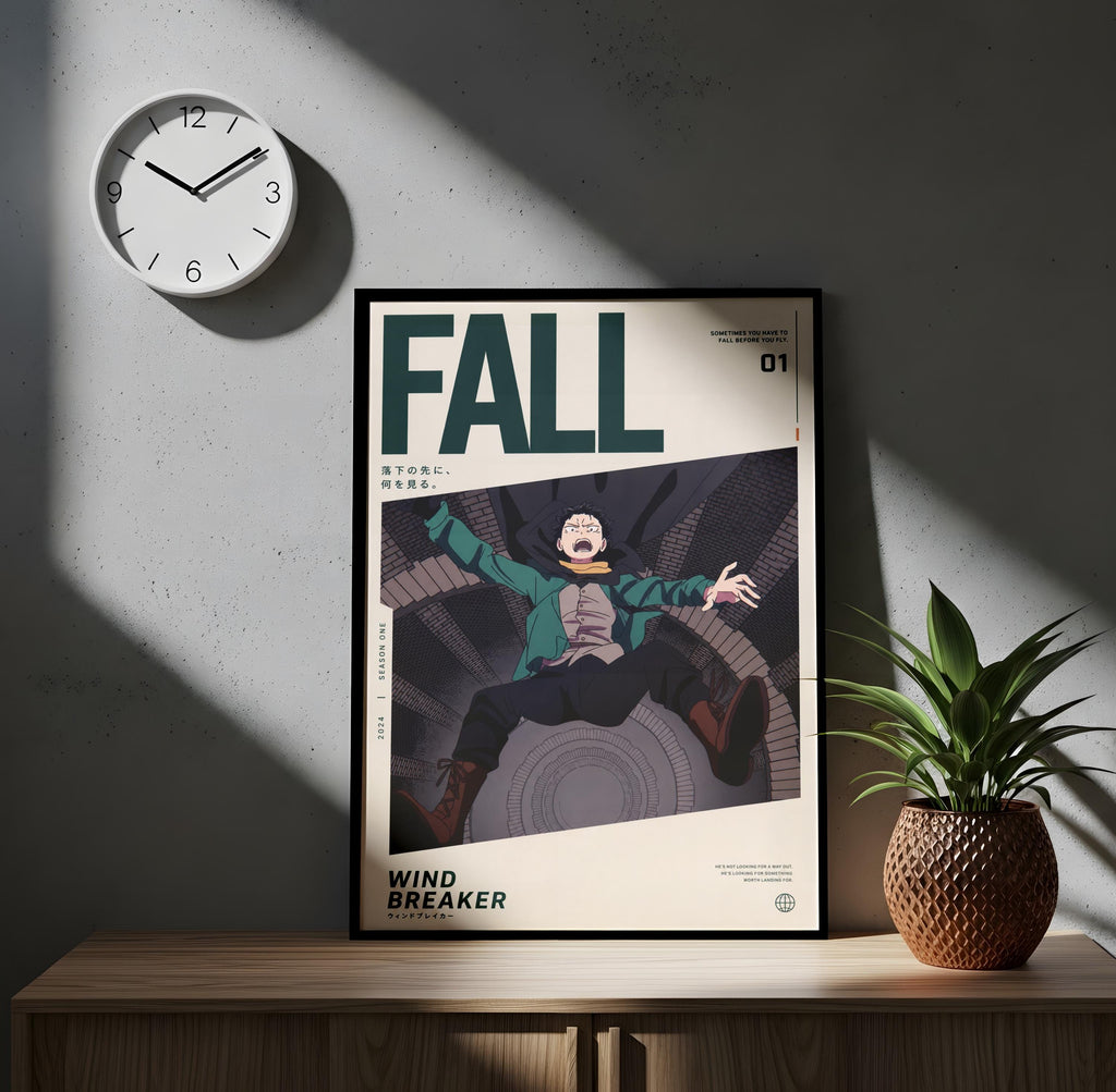 a poster of a character from the anime series "Windbreaker" displayed on a wooden shelf. The poster has a clock on the wall above it, and there is a potted plant to the right of the poster.