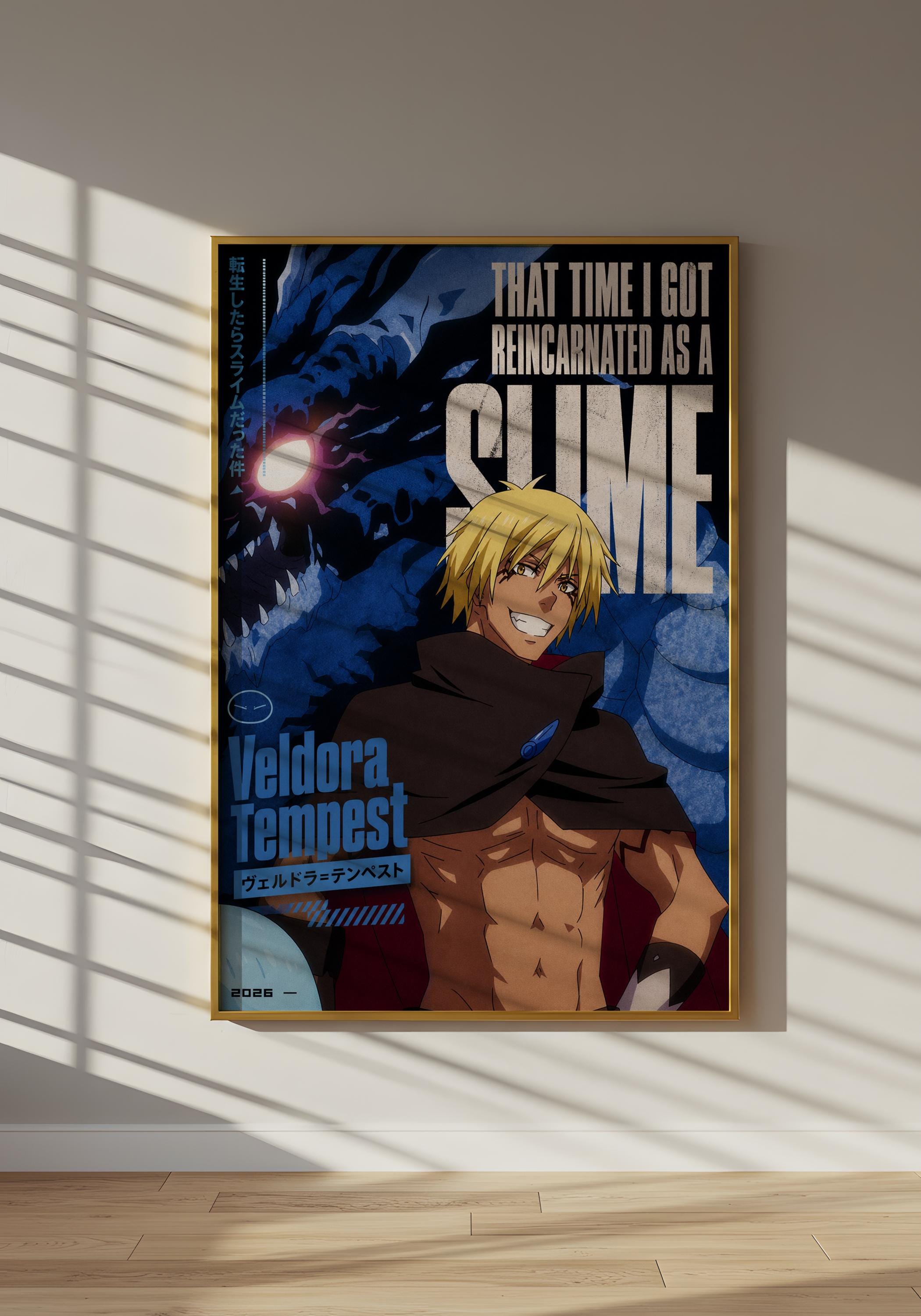 The image is a poster featuring an anime character, specifically Veldora Tempoest, who is described as a slim, muscular man with blonde hair. The poster has a dark, dramatic background with a large, glowing creature, and the character is shown in a confident pose.