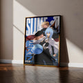The image is a poster featuring two anime characters, one male and one female, standing together in an artistic composition.