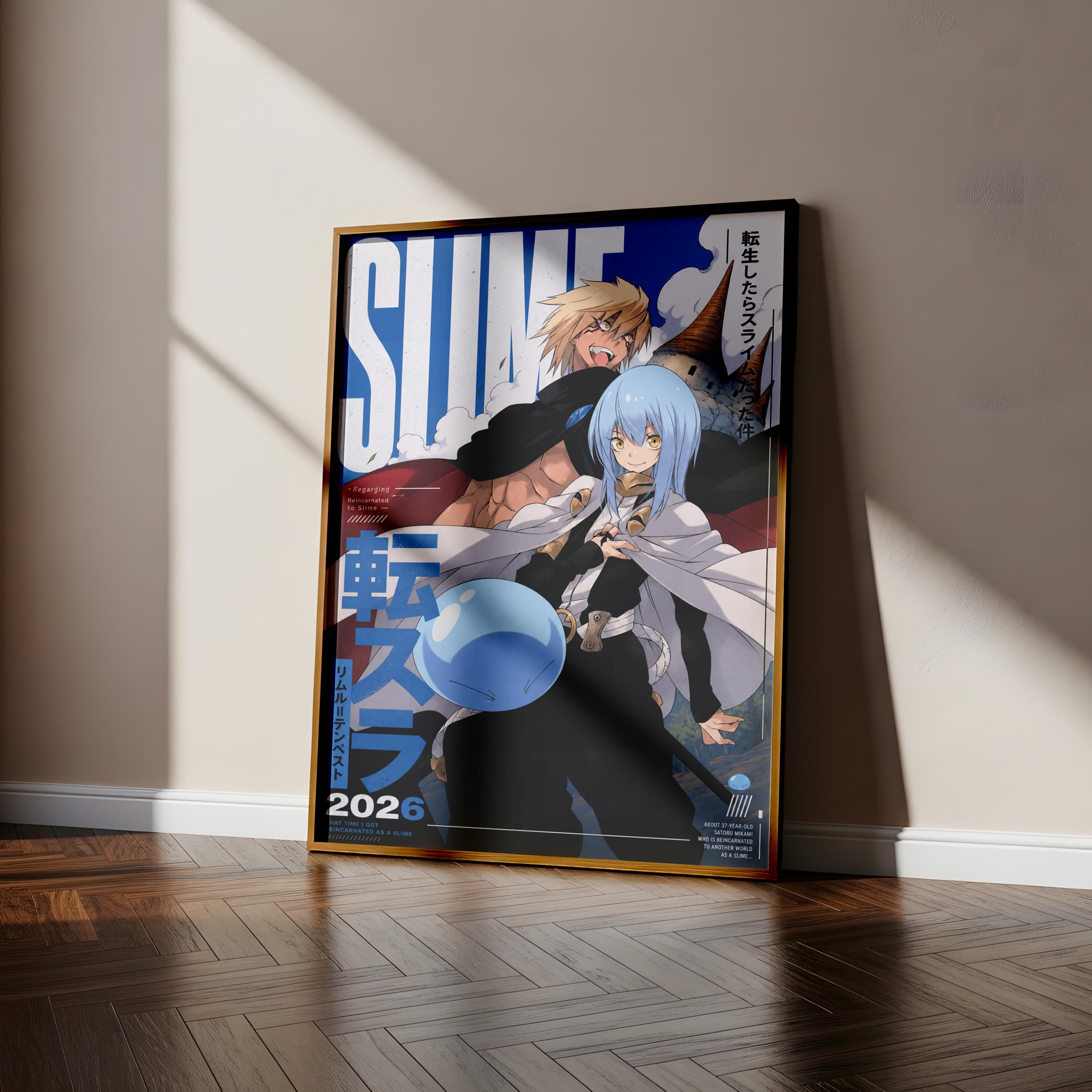 The image is a poster featuring two anime characters, one male and one female, standing together in an artistic composition.