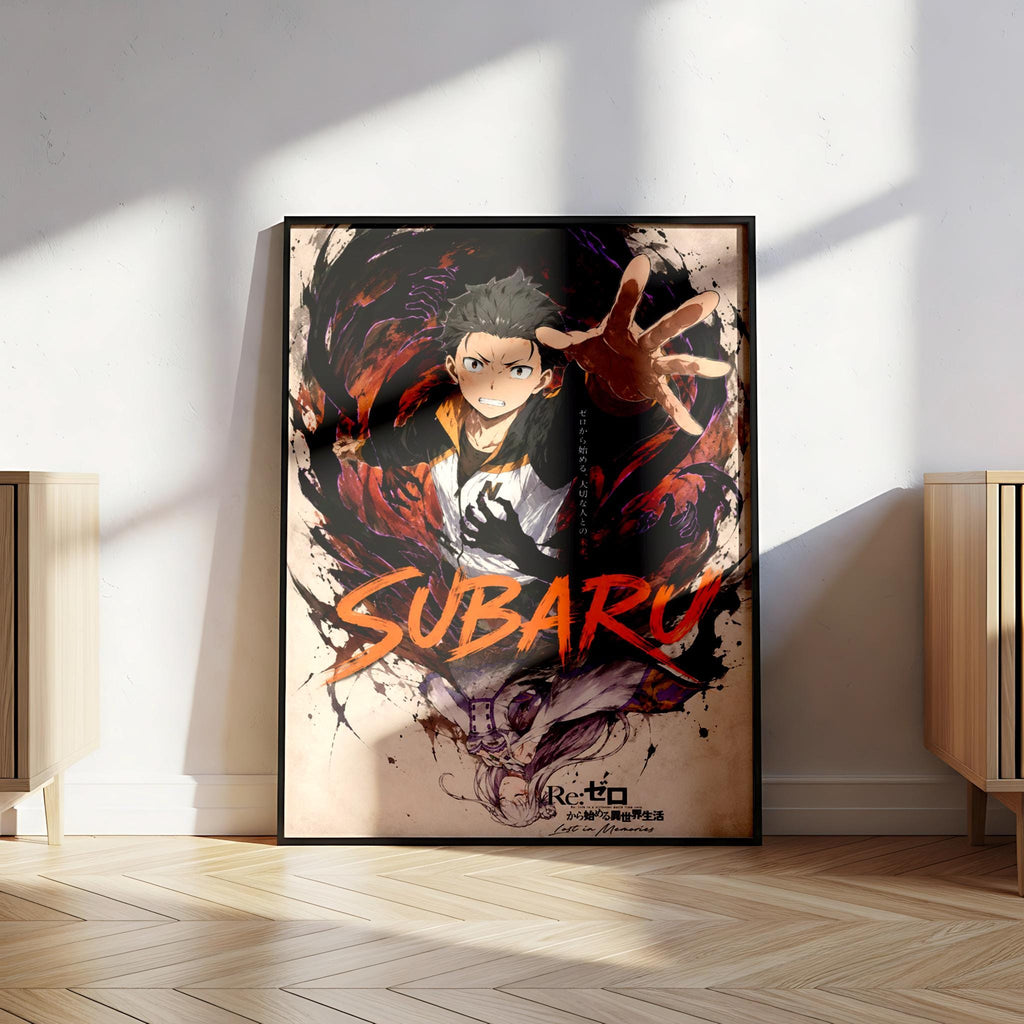A framed poster of a character named Subaru, with the word "SUBARU" prominently displayed in the center. The poster features a stylized, colorful design with splashes of orange and black.