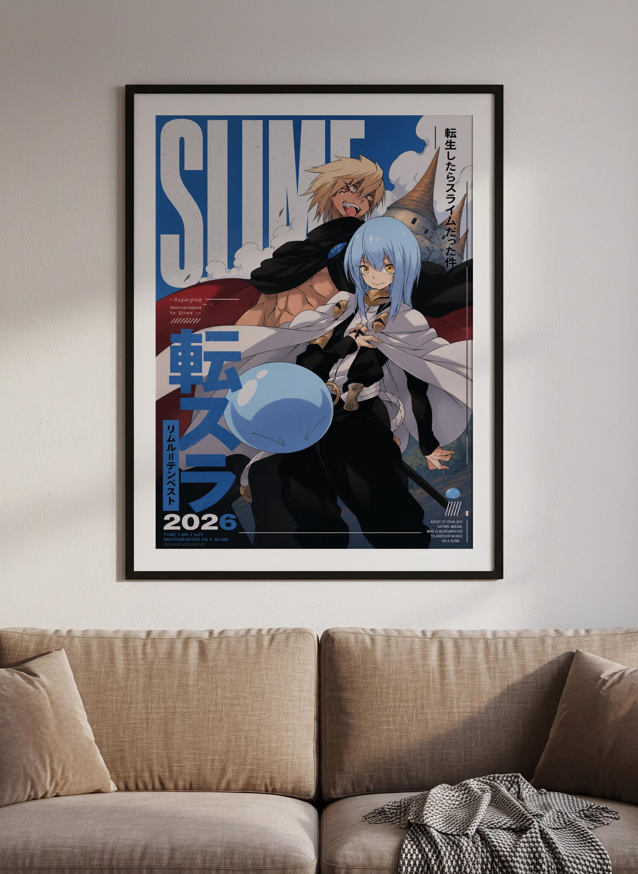 The image is a framed poster of an anime-style illustration featuring two characters, one with blonde hair and the other with blue hair, both holding a blue sphere. The poster is hanging on a wall above a couch.