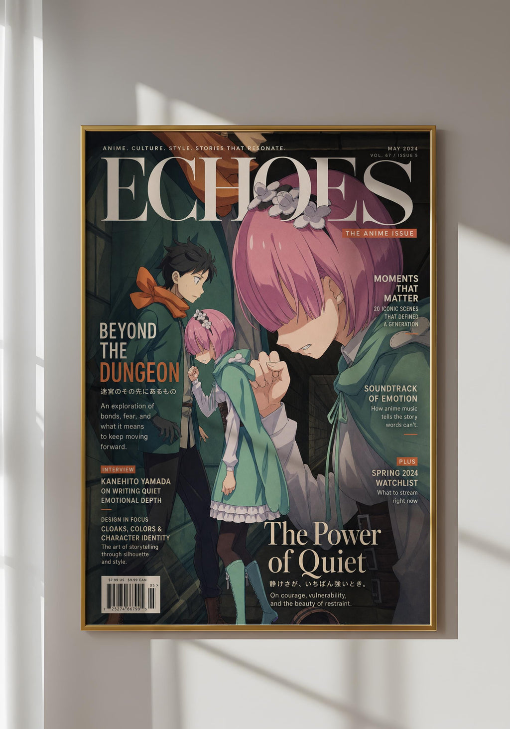 The image is a framed poster of an anime magazine cover featuring three characters, one of whom is holding a flower. The cover has a dark and moody color scheme with a focus on the characters and their expressions.