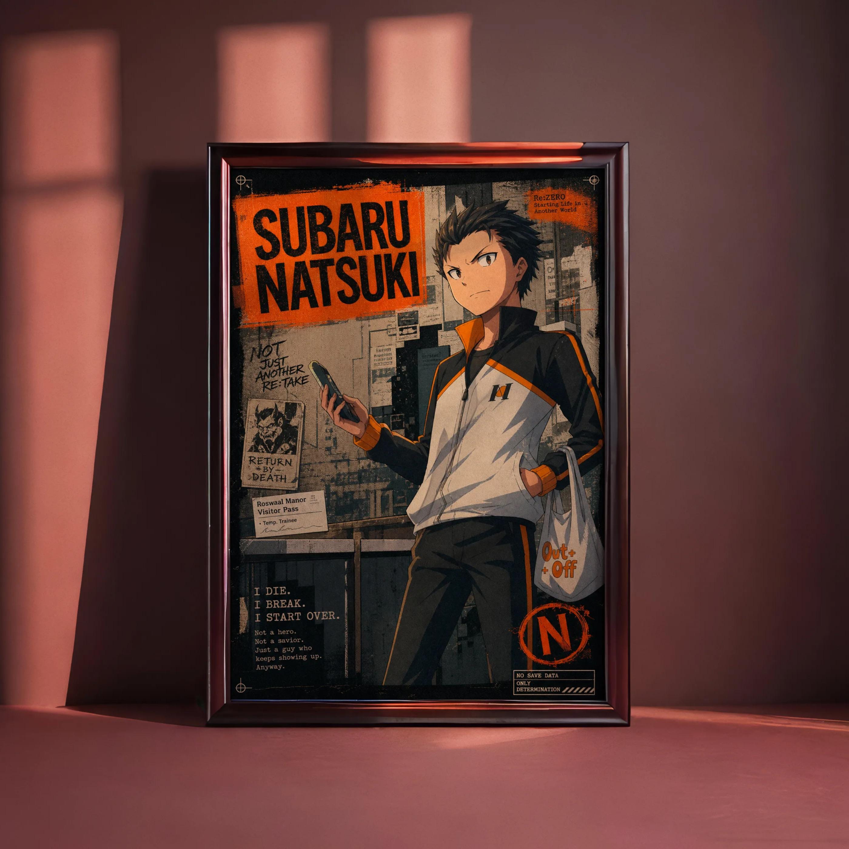 The image is a framed poster featuring an anime character, specifically Subaru Natsuki, who is depicted in a dynamic pose. The poster has a dark and dramatic color scheme, with the character's face prominently displayed. The poster also includes text and various other elements, such as a phone, a bag, and a cityscape, which contribute to the overall visual narrative of the artwork.
