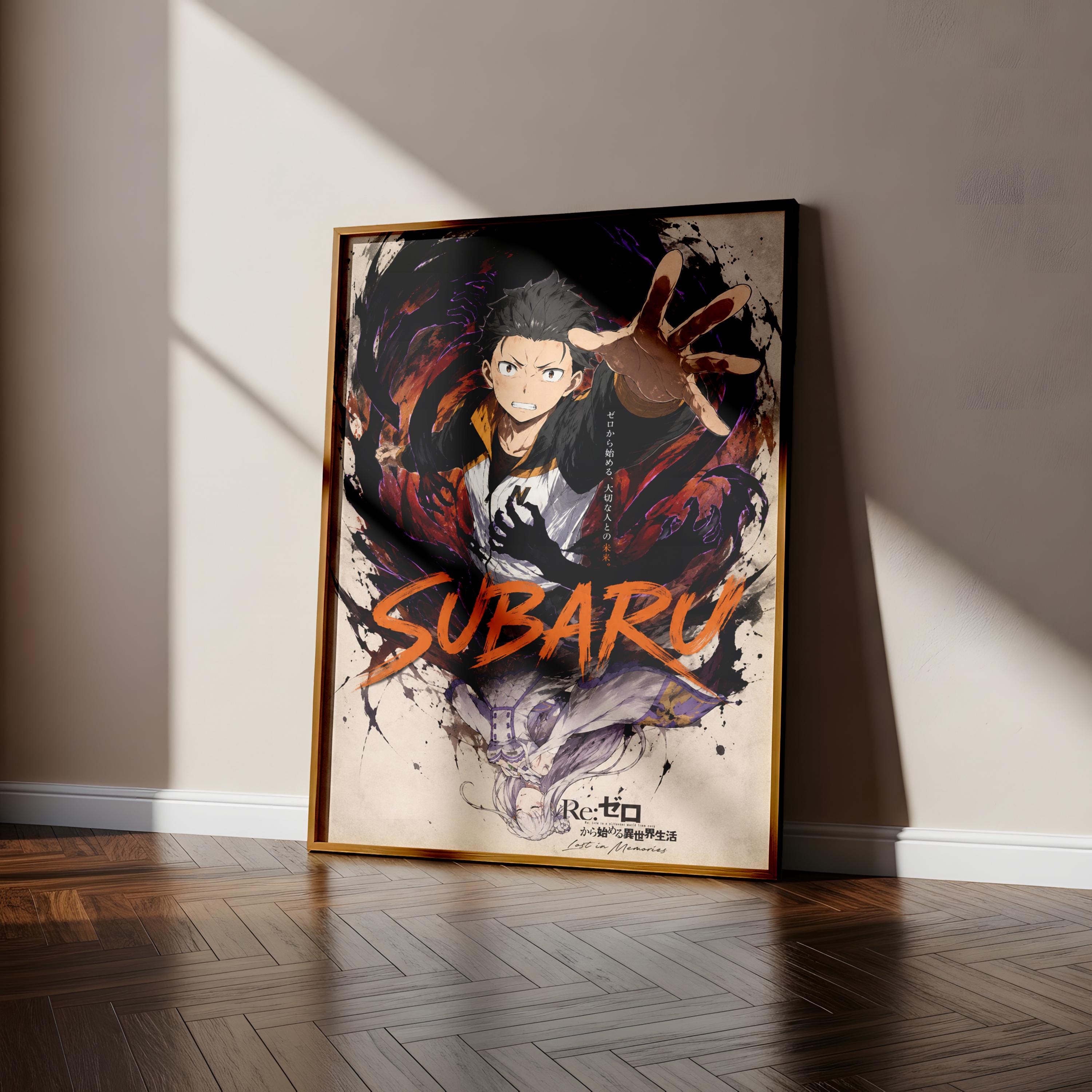 A framed poster of a character named Subaru, with the character's face prominently displayed against a background of abstract, colorful shapes and splatters.