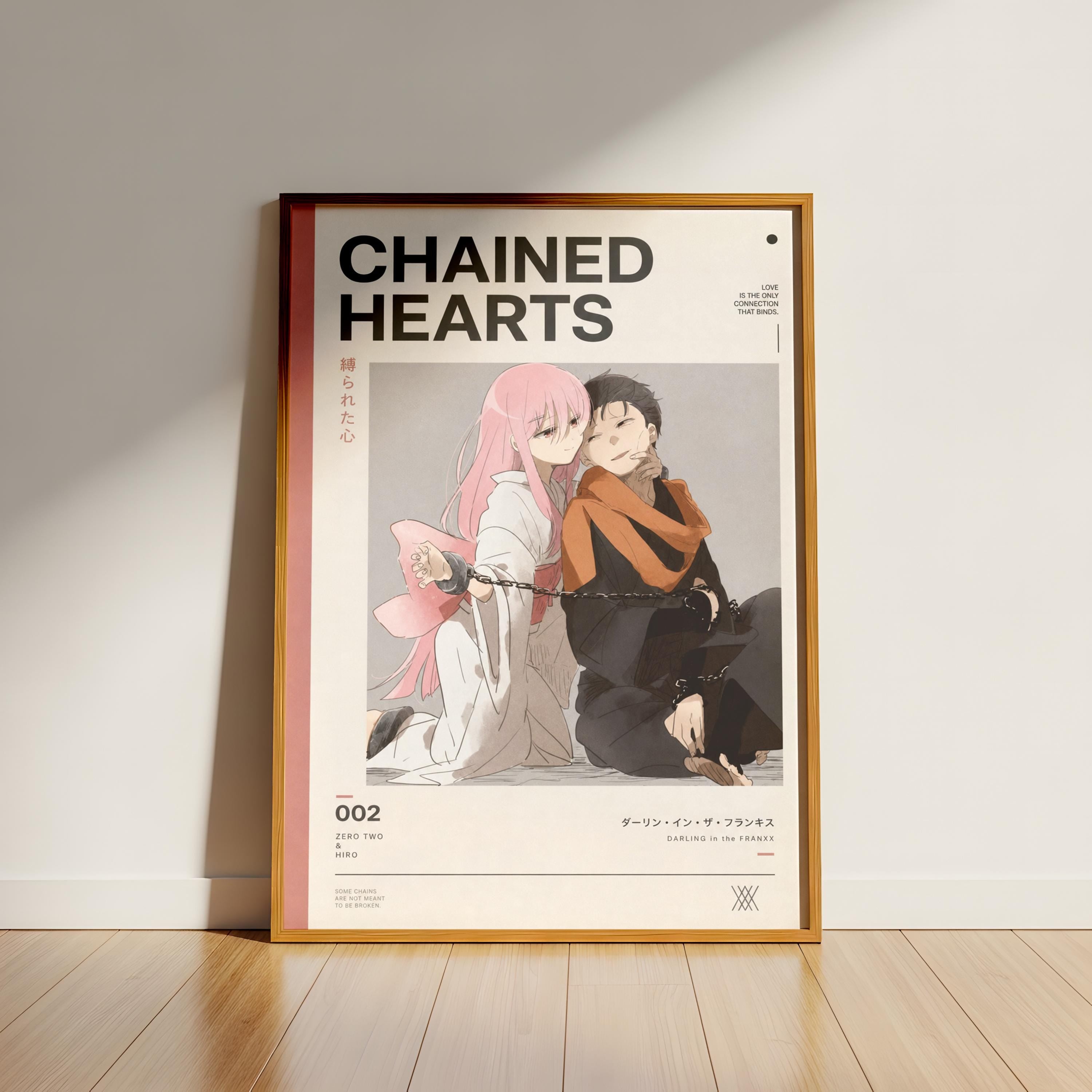The image is a framed poster featuring two anime characters, a man and a woman, sitting together and appearing to be in a romantic or intimate moment. The poster has a minimalist design with a white background and a pink and black color scheme.