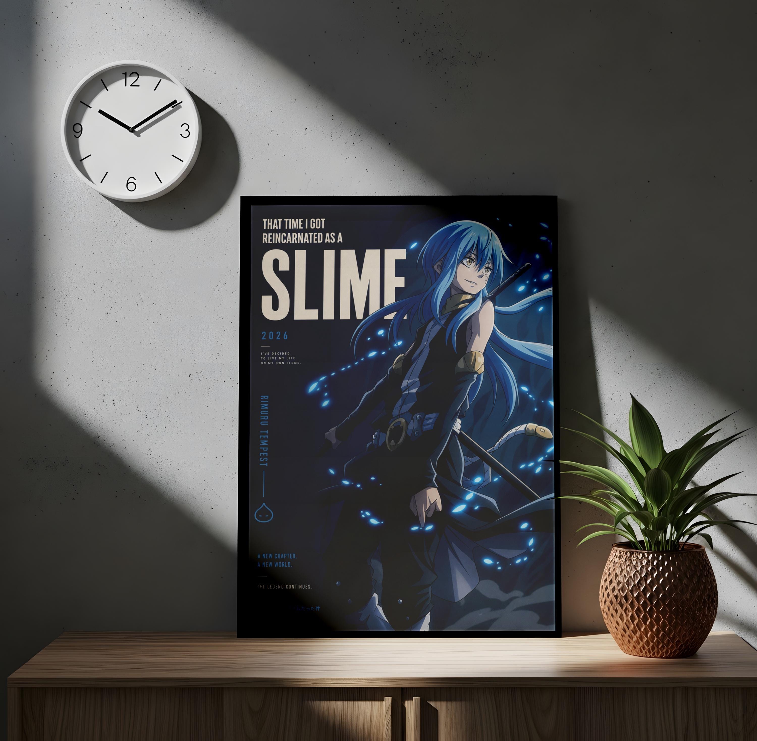 a poster of an anime character with a clock on the wall above it.
