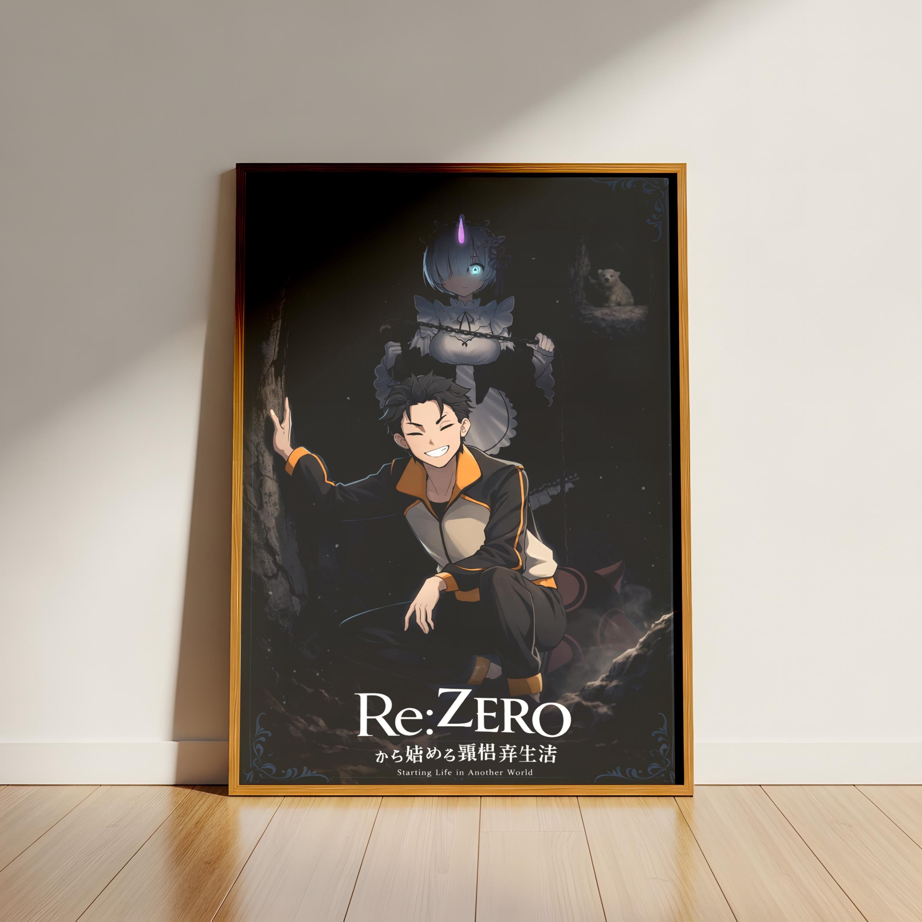 The image is a poster featuring an anime-style illustration of a character with a dark background and a large, glowing figure in the background.