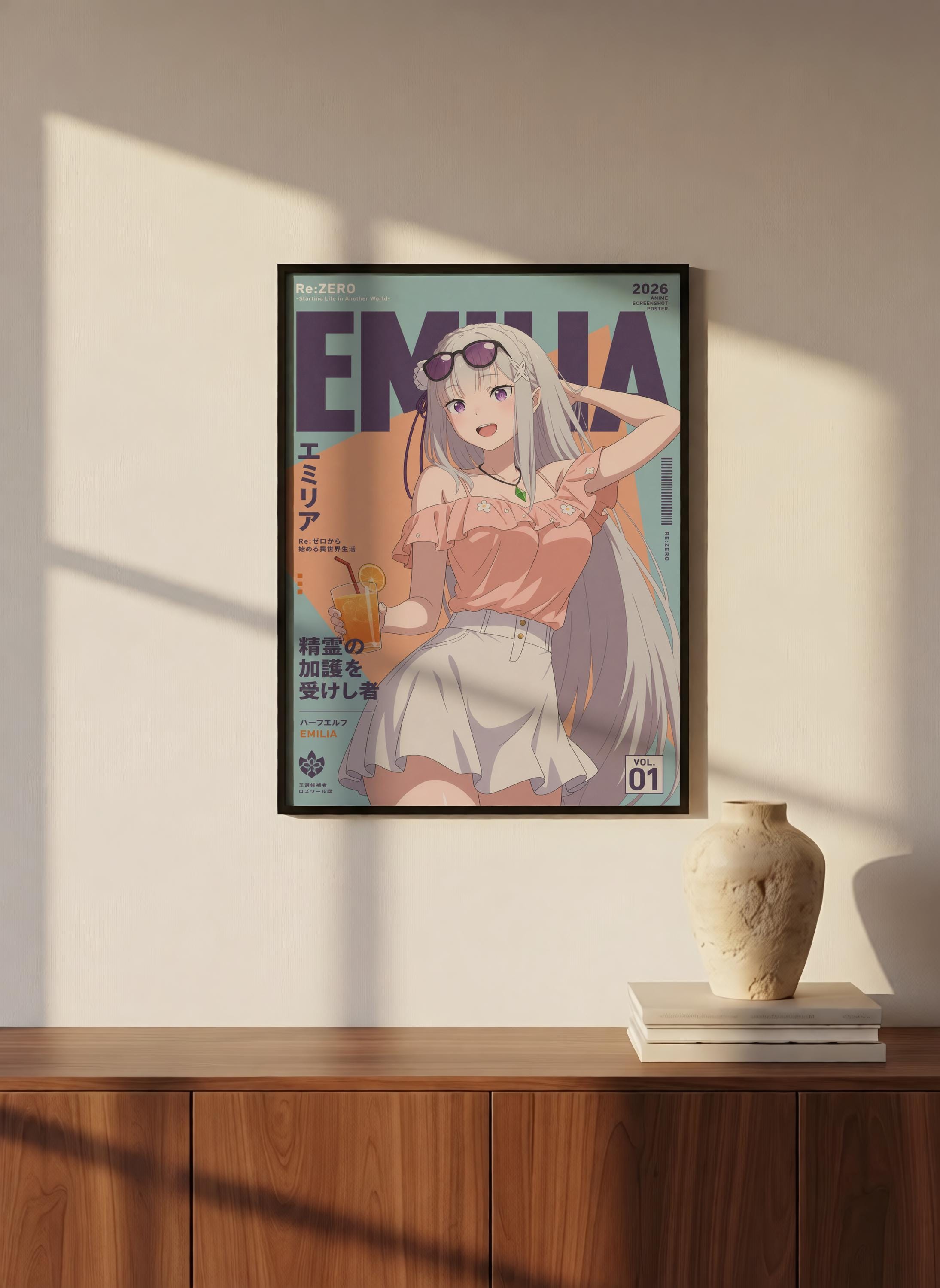 a poster of an anime character, specifically Emilia, hanging on a wall.