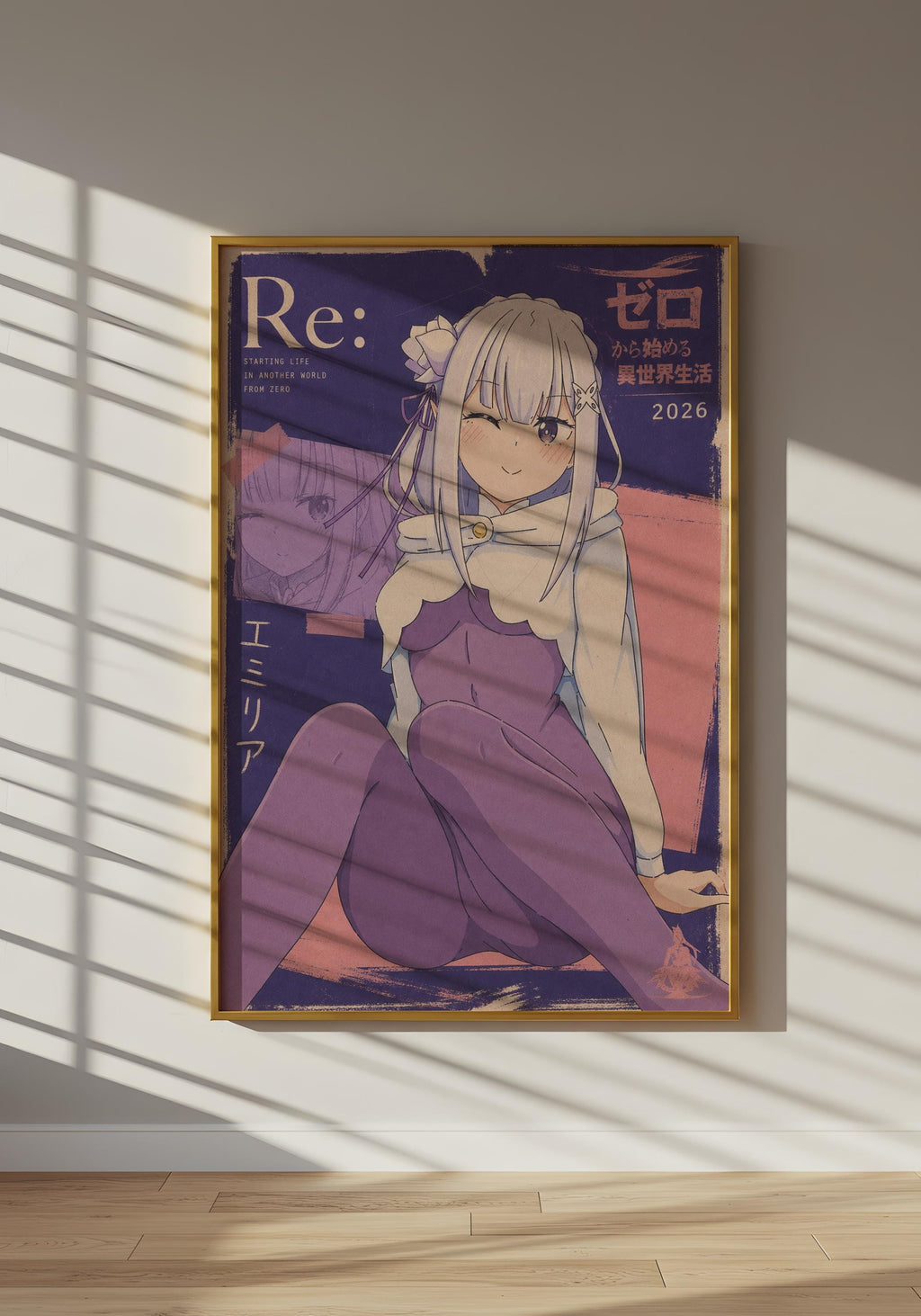 The image is a framed poster featuring an anime-style illustration of a young woman with long hair and a flower in her hair. The poster has a dark background with pink and purple accents, and the woman is wearing a purple outfit. The poster is hanging on a wall, and there is a window in the background that allows sunlight to shine on it.