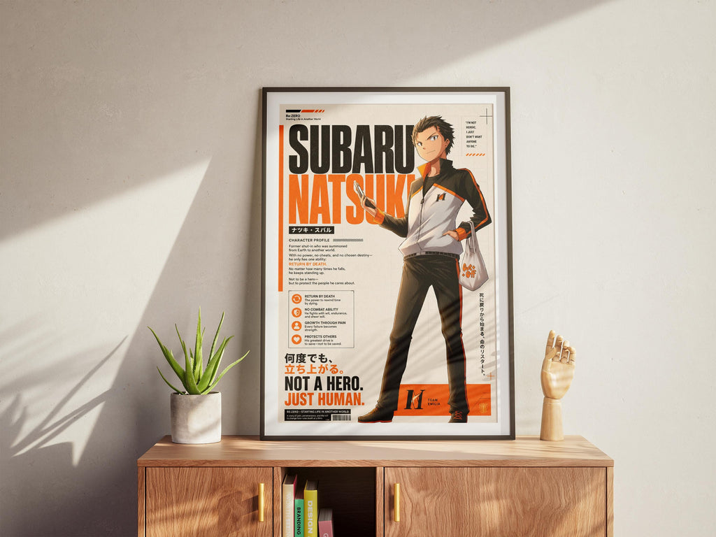 a poster of a character named Subaru Natsuk, which is a character from the anime series "Superyu" and is known for his unique style and attitude. The poster is displayed on a wooden cabinet, and there is a potted plant and a small figurine of a hand placed next to it.