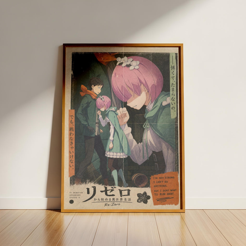 The image is a framed poster featuring an anime-style illustration of a character with pink hair, wearing a green outfit. The poster also includes Japanese text and a quote about the importance of being strong and not giving up.
