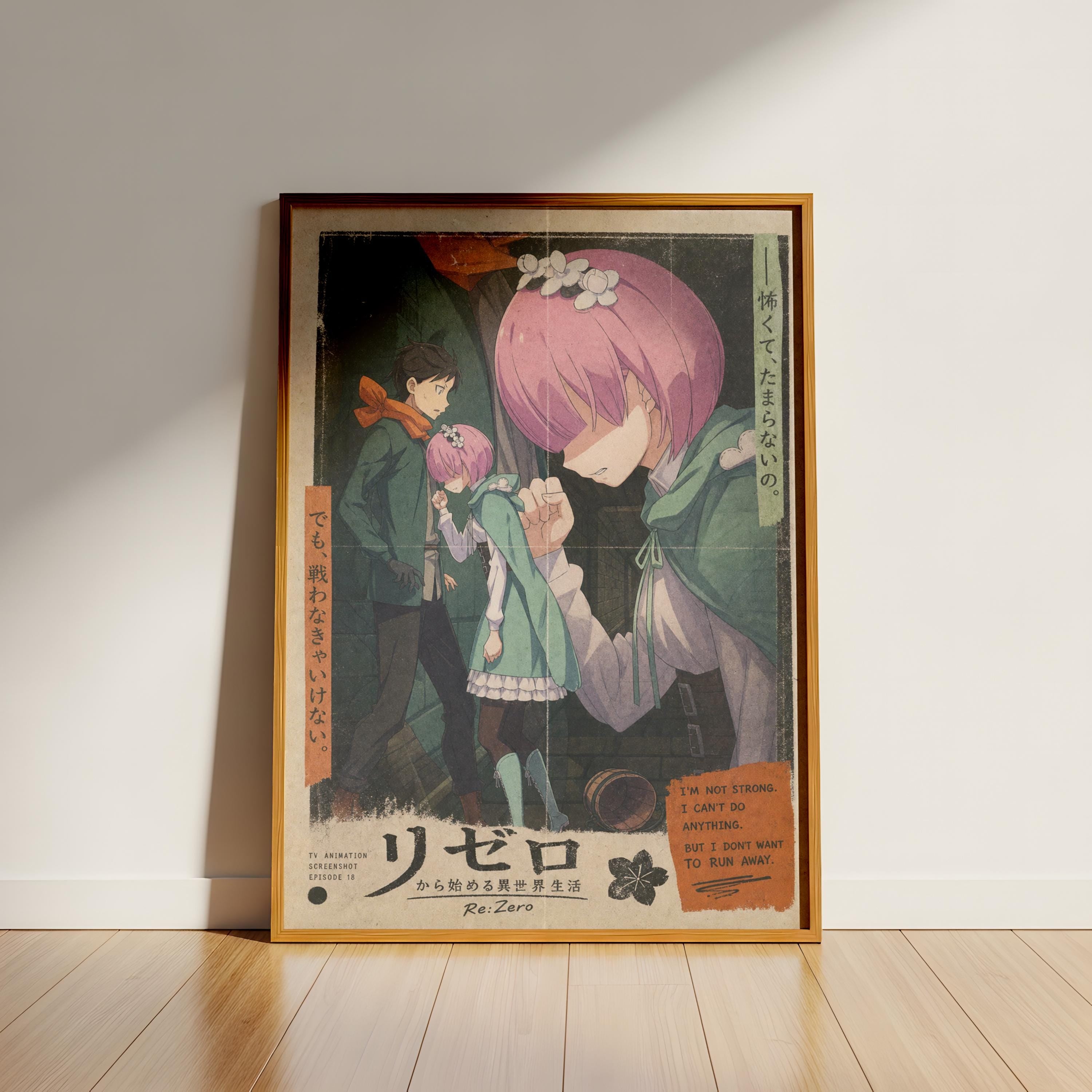 The image is a framed poster featuring an anime-style illustration of a character with pink hair, wearing a green outfit. The poster also includes Japanese text and a quote about the importance of being strong and not giving up.