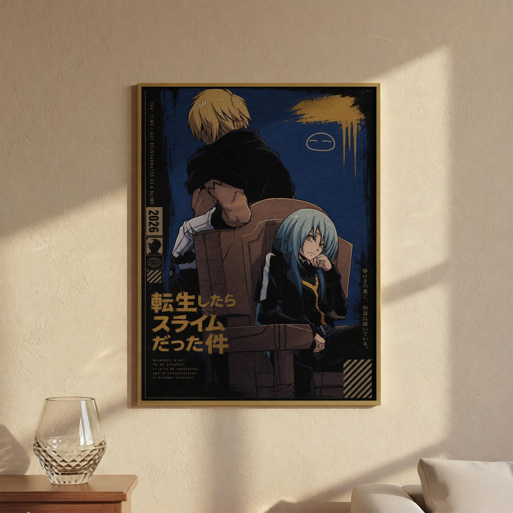 The image is a framed poster featuring two anime characters, one with blonde hair and the other with blue hair, sitting in a chair against a dark background.