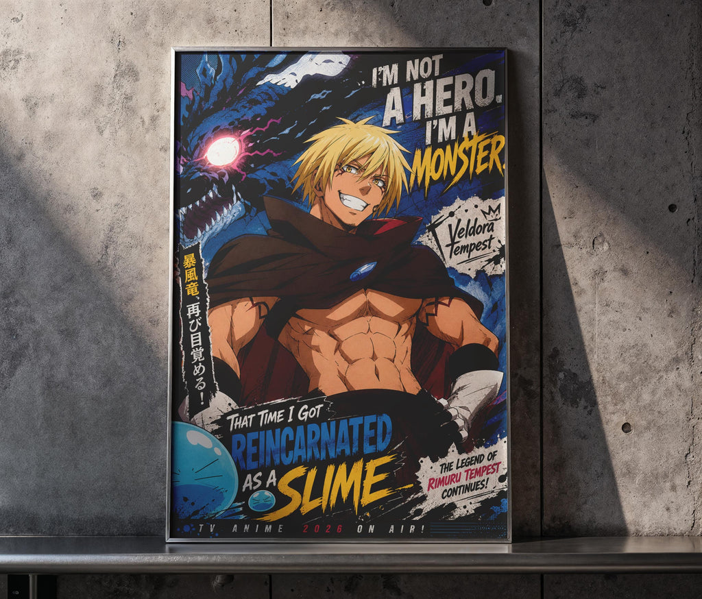The image is a poster featuring an anime character with a muscular build and blonde hair, wearing a cape and holding a blue orb. The poster has a dark and dramatic color scheme with text and speech bubbles.