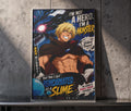 The image is a poster featuring an anime character with a muscular build and blonde hair, wearing a cape and holding a blue orb. The poster has a dark and dramatic color scheme with text and speech bubbles.