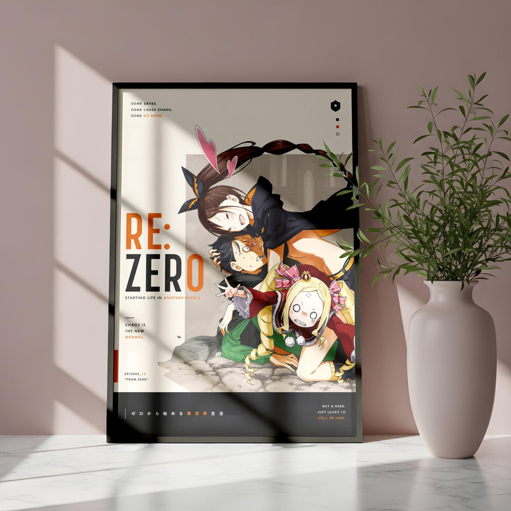 The image is a poster for the anime "Re: Zero", featuring colorful illustrations of the main characters from the show.