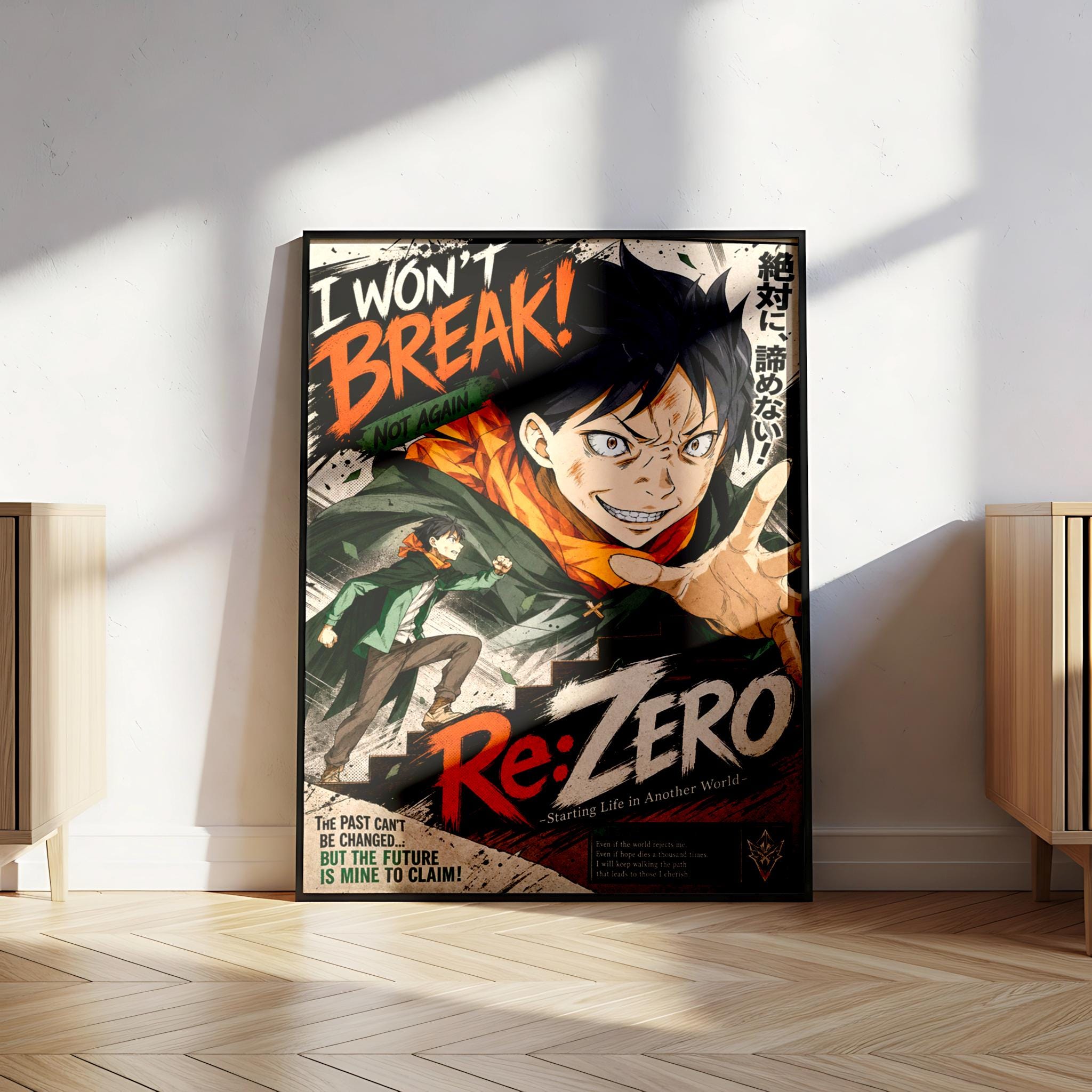 The image is a poster featuring an animated character with a determined expression, surrounded by text and imagery related to the anime series "ReZero".
