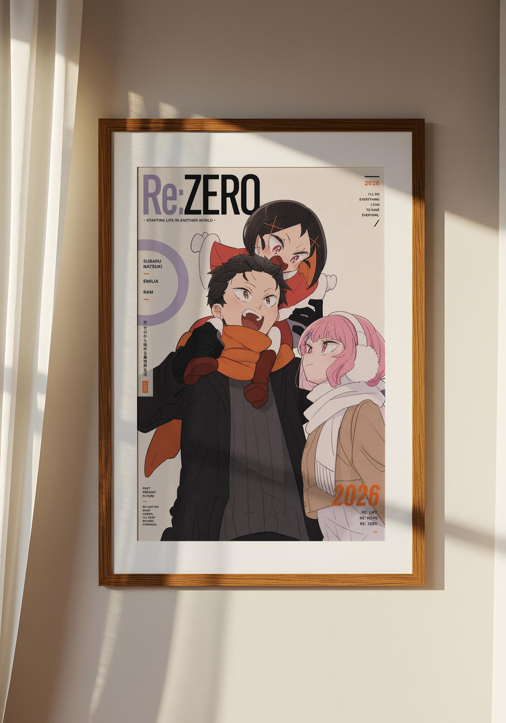The image is a framed poster featuring an illustration of three anime-style characters, including a man, a woman, and a child. The poster appears to be a magazine cover or poster for a publication called "Re: Zero".