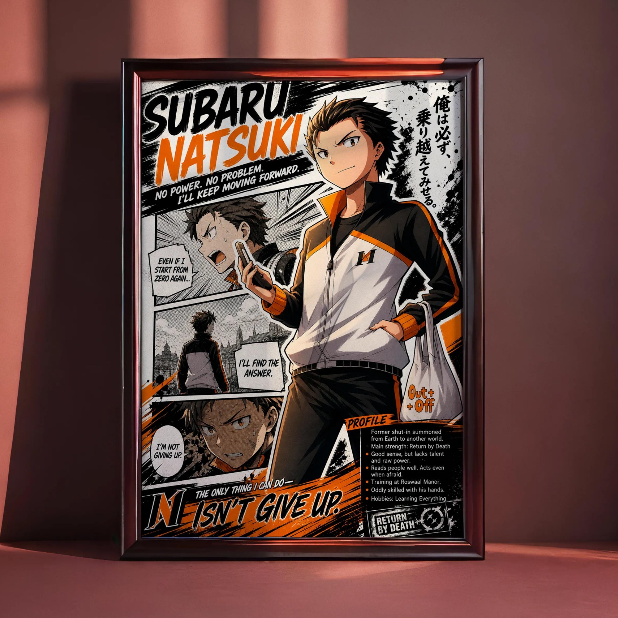 The image is a framed poster featuring an animated character, Subaru Natsuaki, who is shown in various action poses and speech bubbles. The poster has a bold, colorful design with text and speech bubbles that convey a sense of determination and resilience.