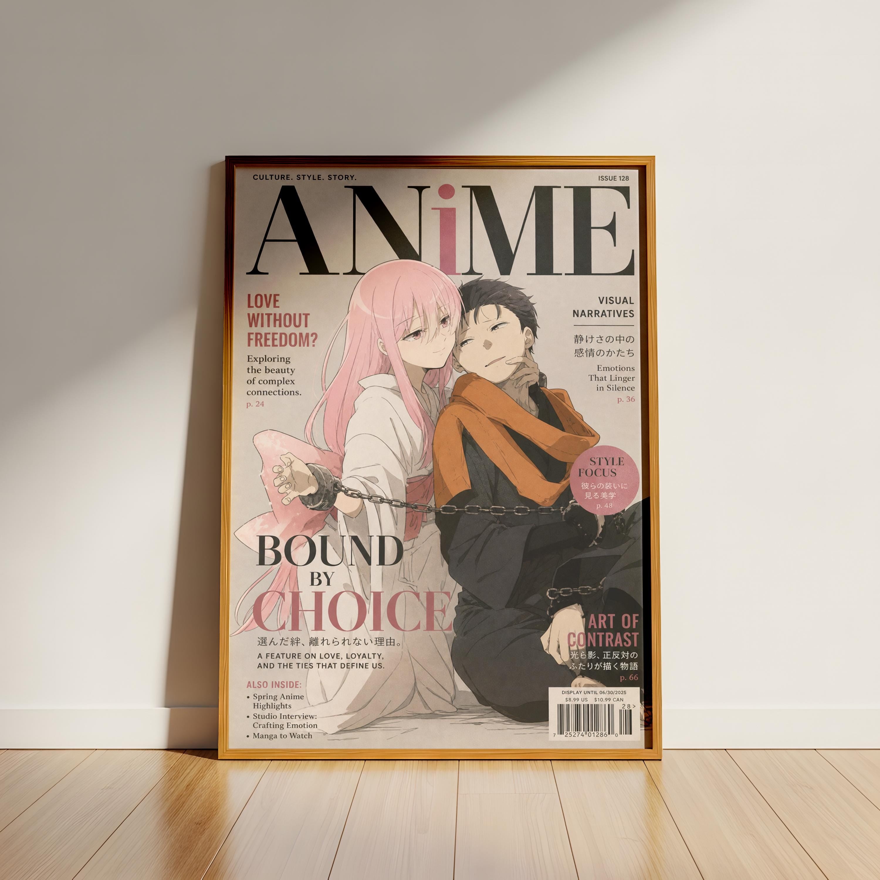 The image is a framed poster of an anime magazine cover featuring two characters, one with pink hair and the other with dark hair, sitting together and appearing to be in a romantic embrace.