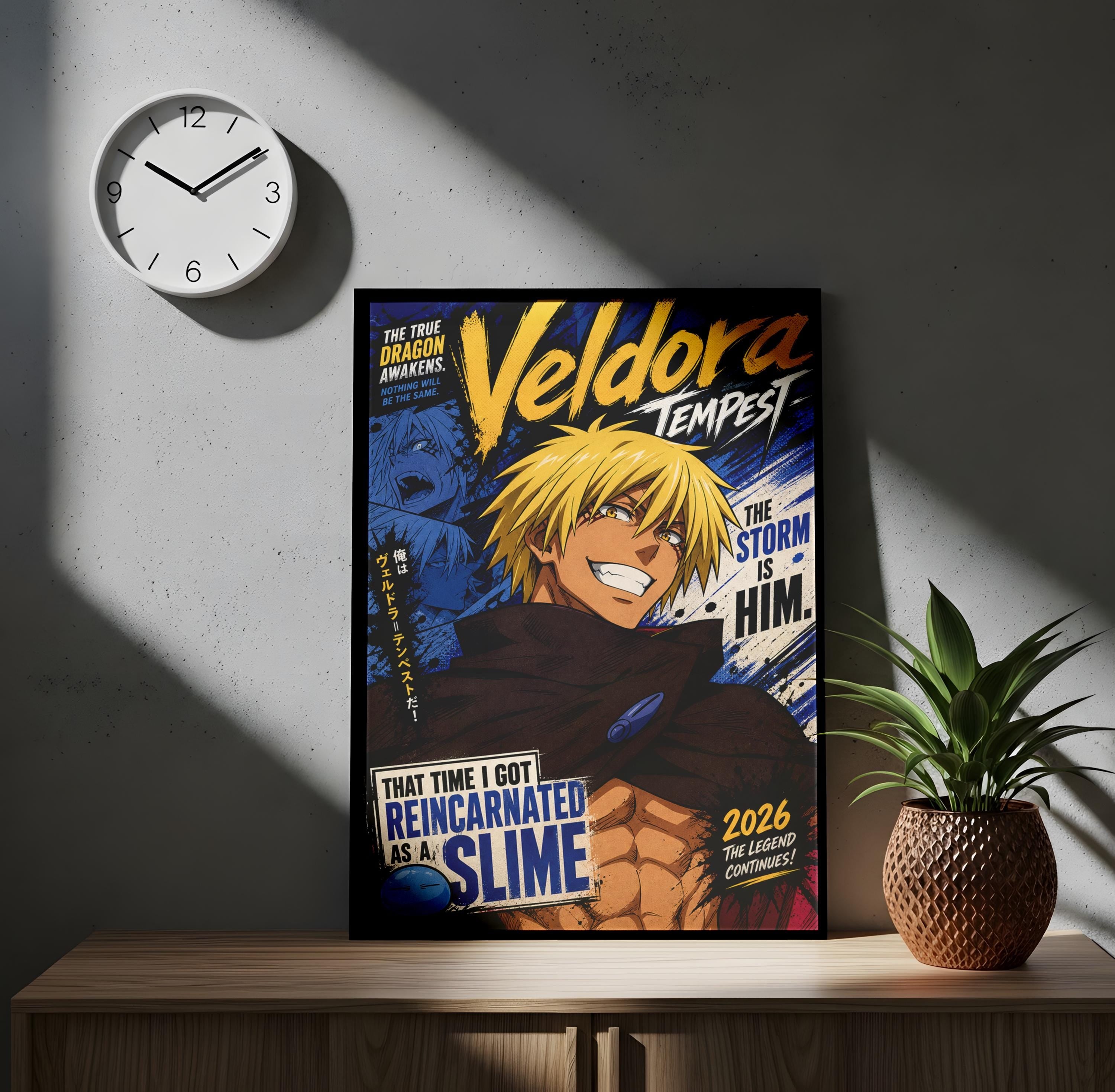 a poster of a character from the anime "Veledora: Tempest". The poster is displayed on a wooden surface, with a clock hanging on the wall behind it. There is also a potted plant to the right of the poster.