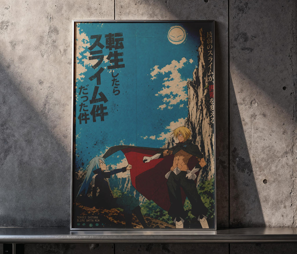 The image is a framed poster featuring an illustration of two characters, one with a cape and the other with a sword, set against a backdrop of a mountainous landscape under a blue sky with a moon.