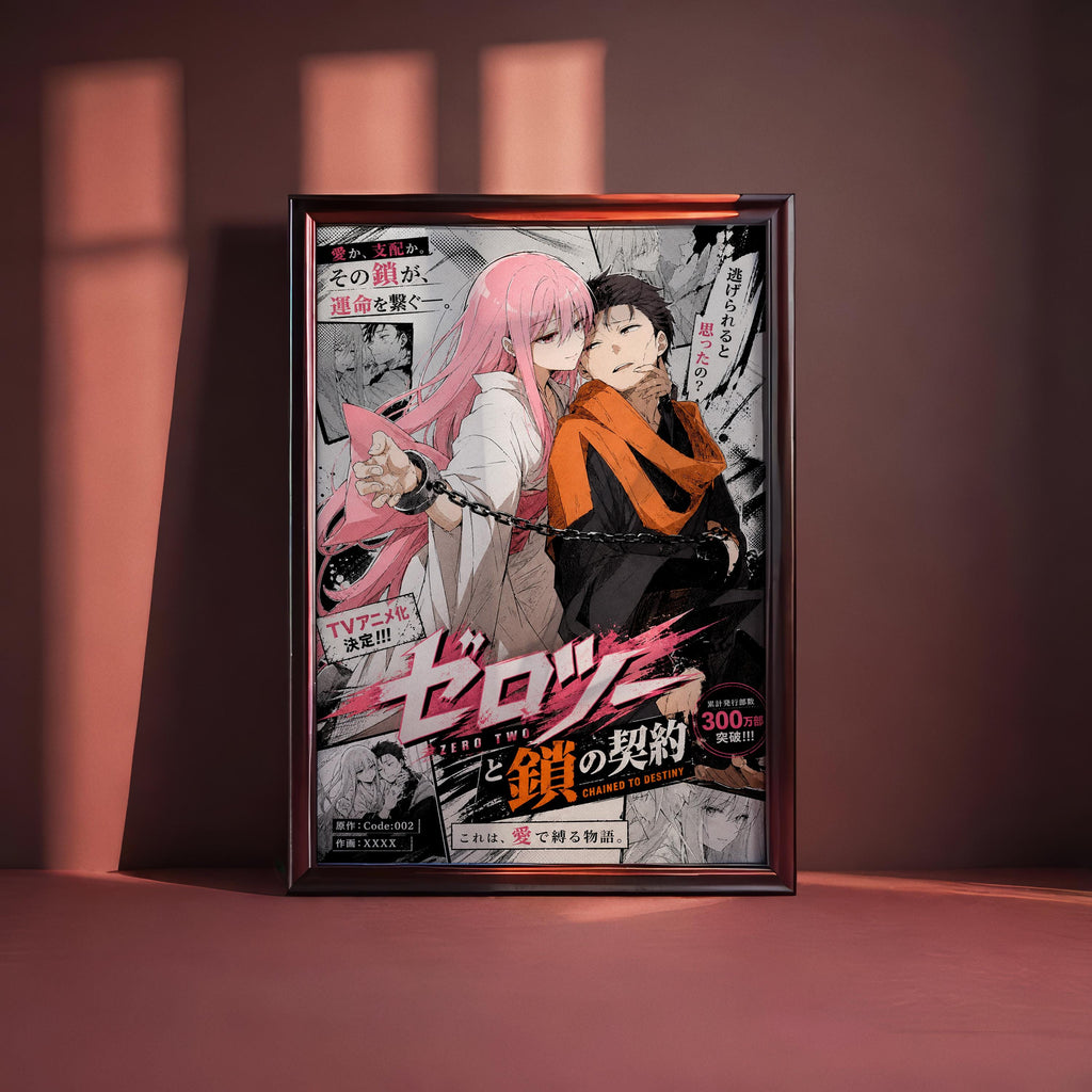 The image is a framed poster featuring an anime-style illustration of two characters, one with pink hair and the other with dark hair, standing close together. The poster has a lot of text and graphics, including Japanese characters, which suggests it is an advertisement or promotional material for an anime or manga.