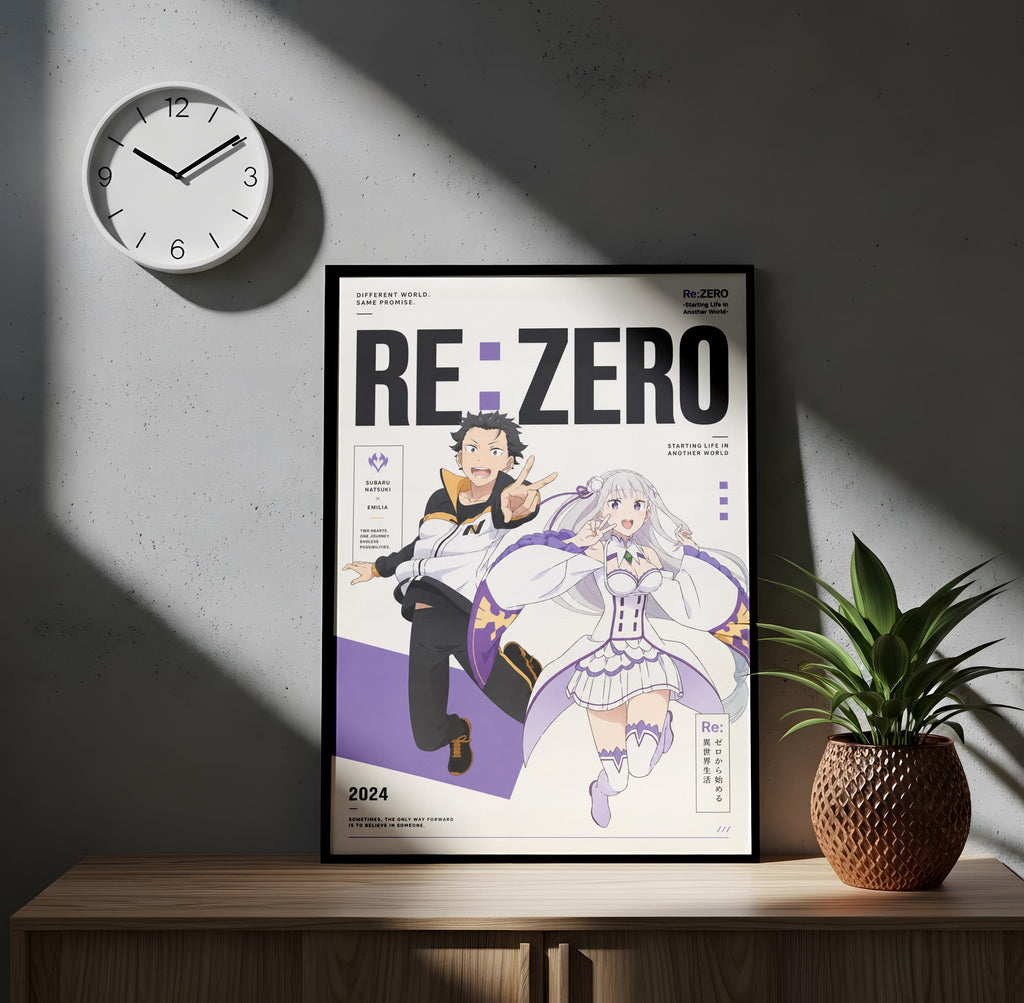 a poster of the anime "Re:Zero" with a clock on the wall above it.