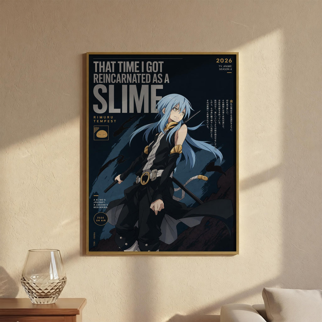 The image is a poster featuring an anime character with blue hair and a black outfit, standing in a dark, moody setting.