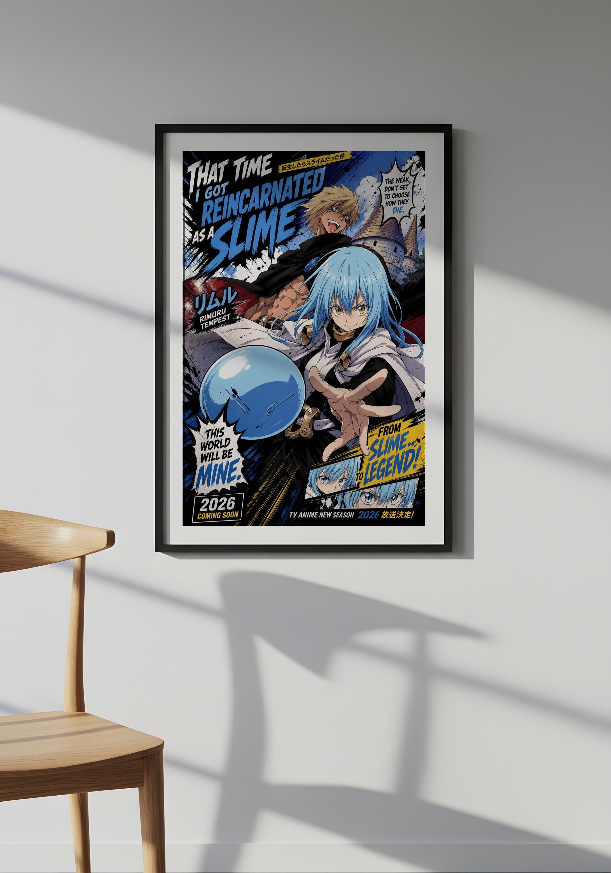The image is a framed poster featuring an anime-style illustration of a character with blue hair and a white outfit, surrounded by various elements such as a blue sphere, a yellow and black background, and text.