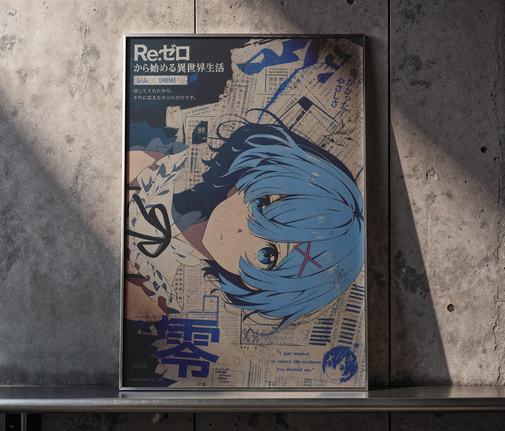The image is a poster featuring an anime-style illustration of a character with blue hair and a serious expression. The poster is framed and displayed on a shelf against a concrete wall.