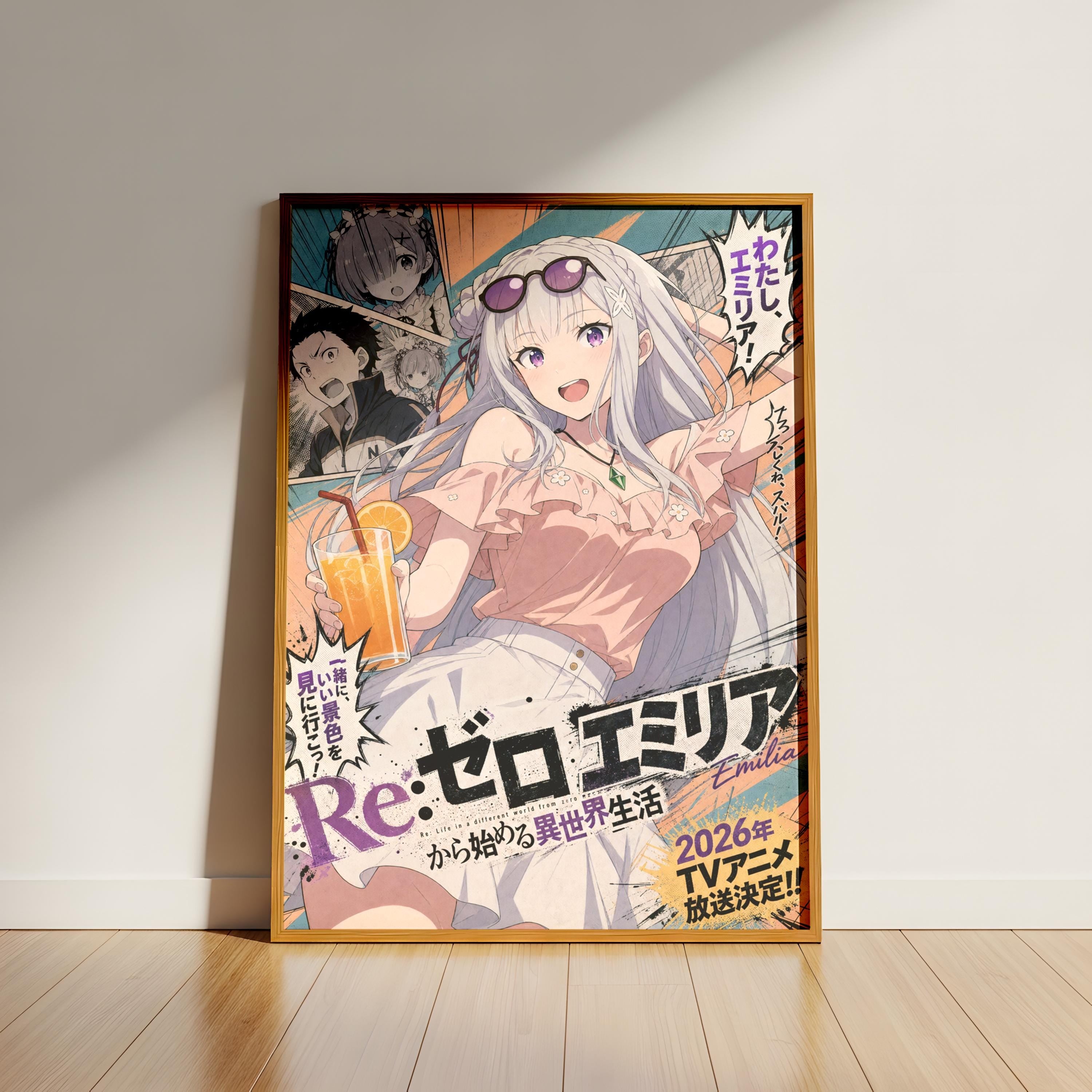 The image is a poster featuring an anime-style illustration of a young woman with long hair and sunglasses, holding a drink. The poster has Japanese text and various other elements, such as speech bubbles and text boxes, which are not described in detail.