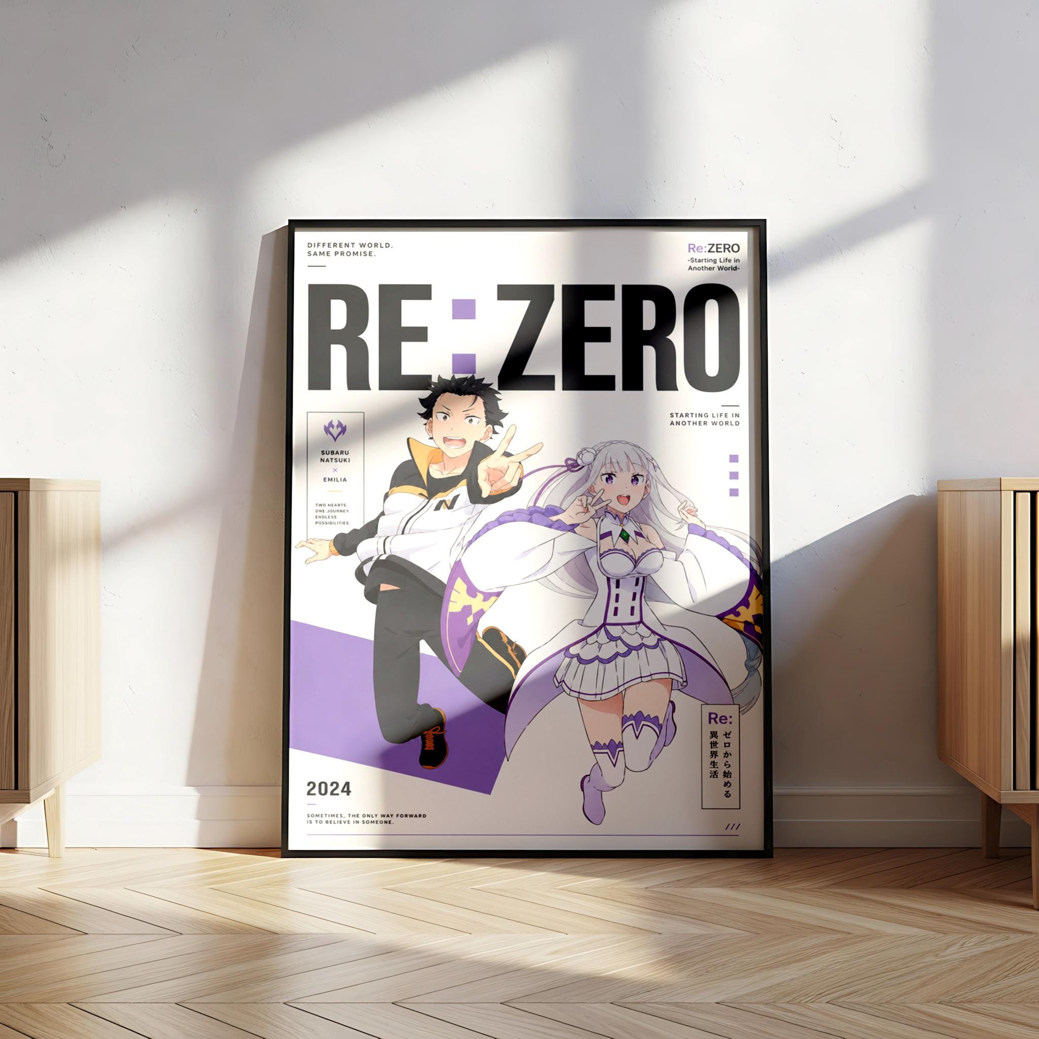 The image is a poster featuring an anime-style illustration of two characters, one male and one female, with the title "RE-ZERO" prominently displayed.