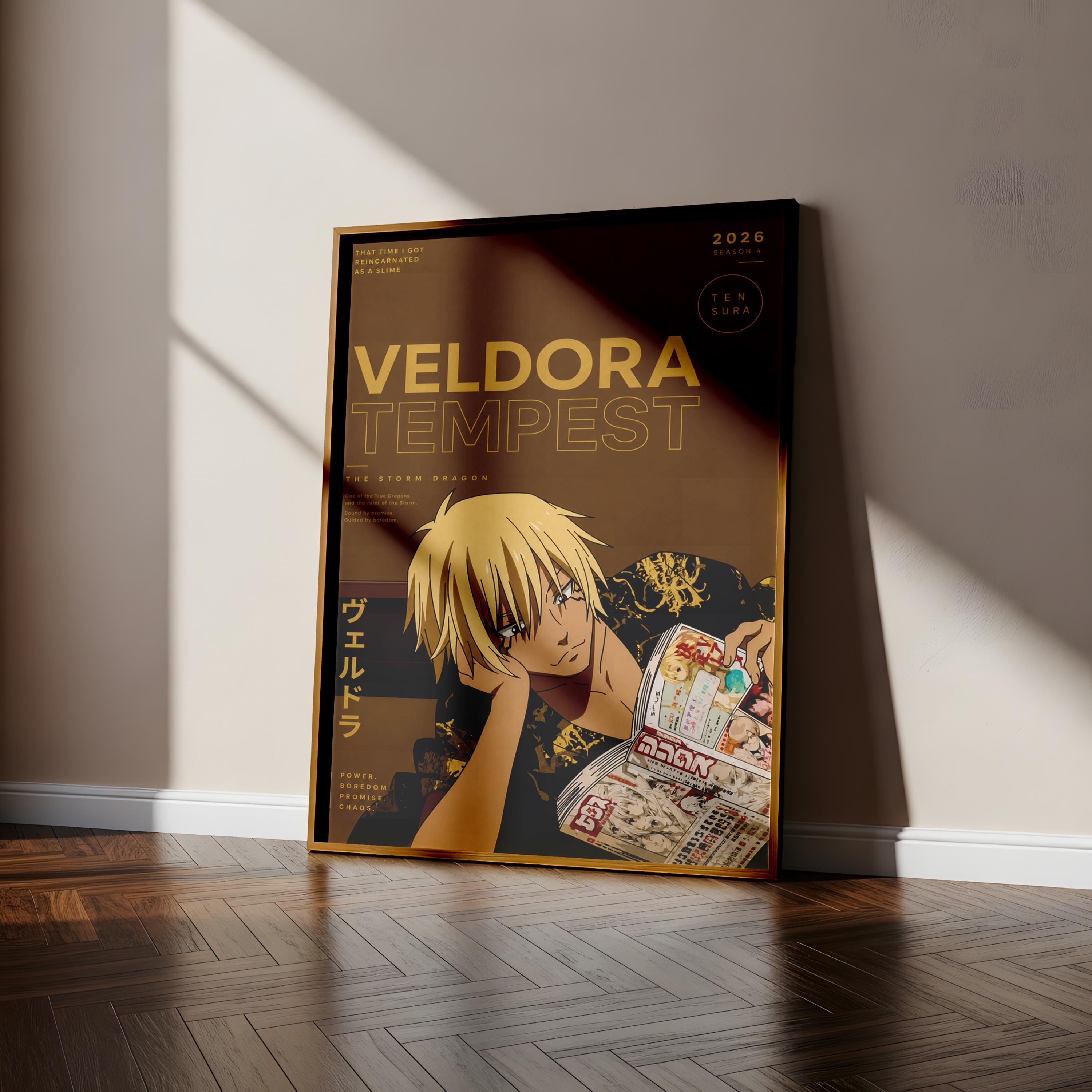 The image is a poster featuring an anime character, specifically the character Veledora from the anime series "Tempt". The poster is displayed on a wooden floor against a wall, with sunlight shining on it.