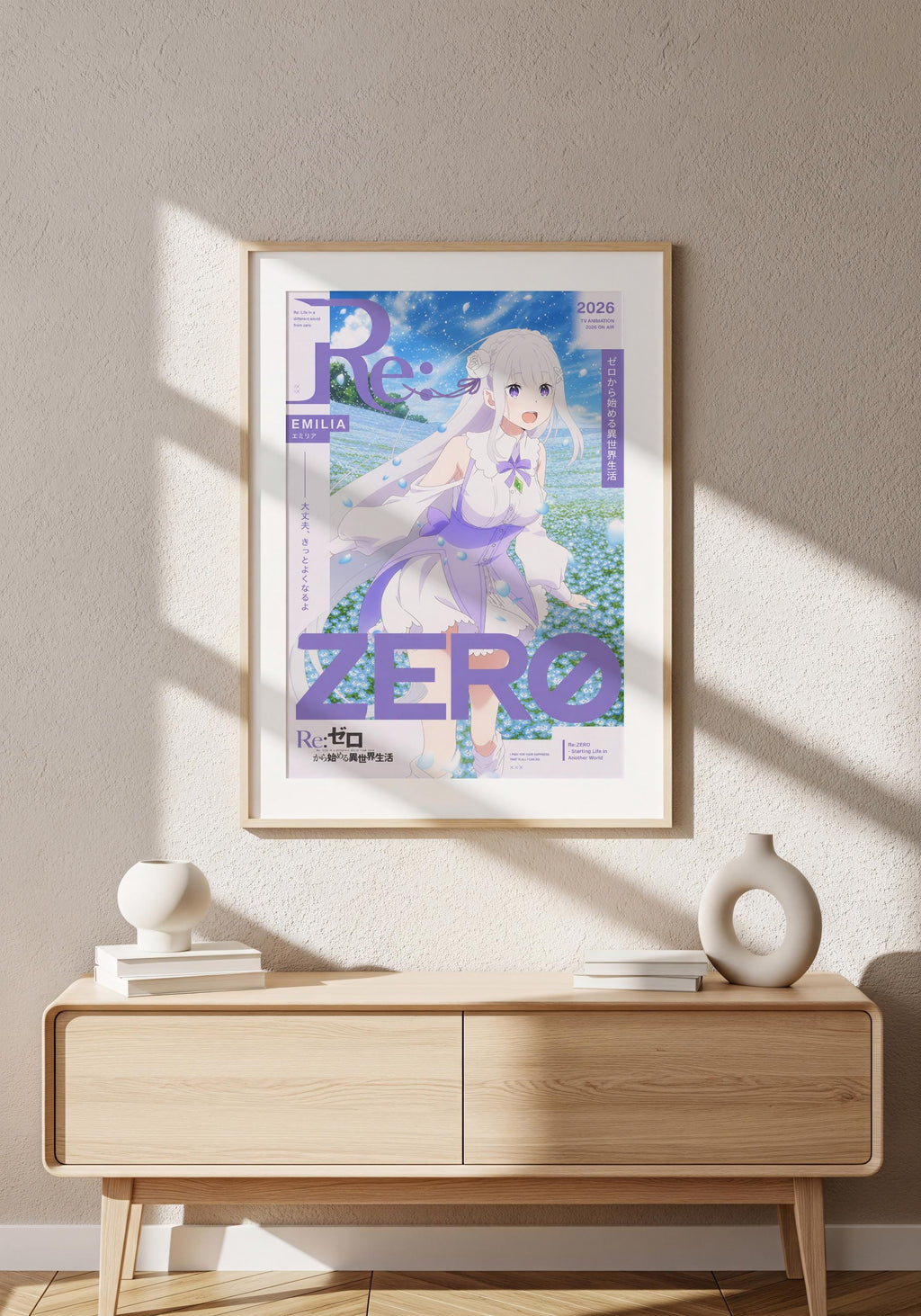 a poster of an anime character, specifically Emilia, with the text "Re Zero" prominently displayed. The poster is hanging on a wall above a wooden cabinet or table, which has a vase and some books on it.
