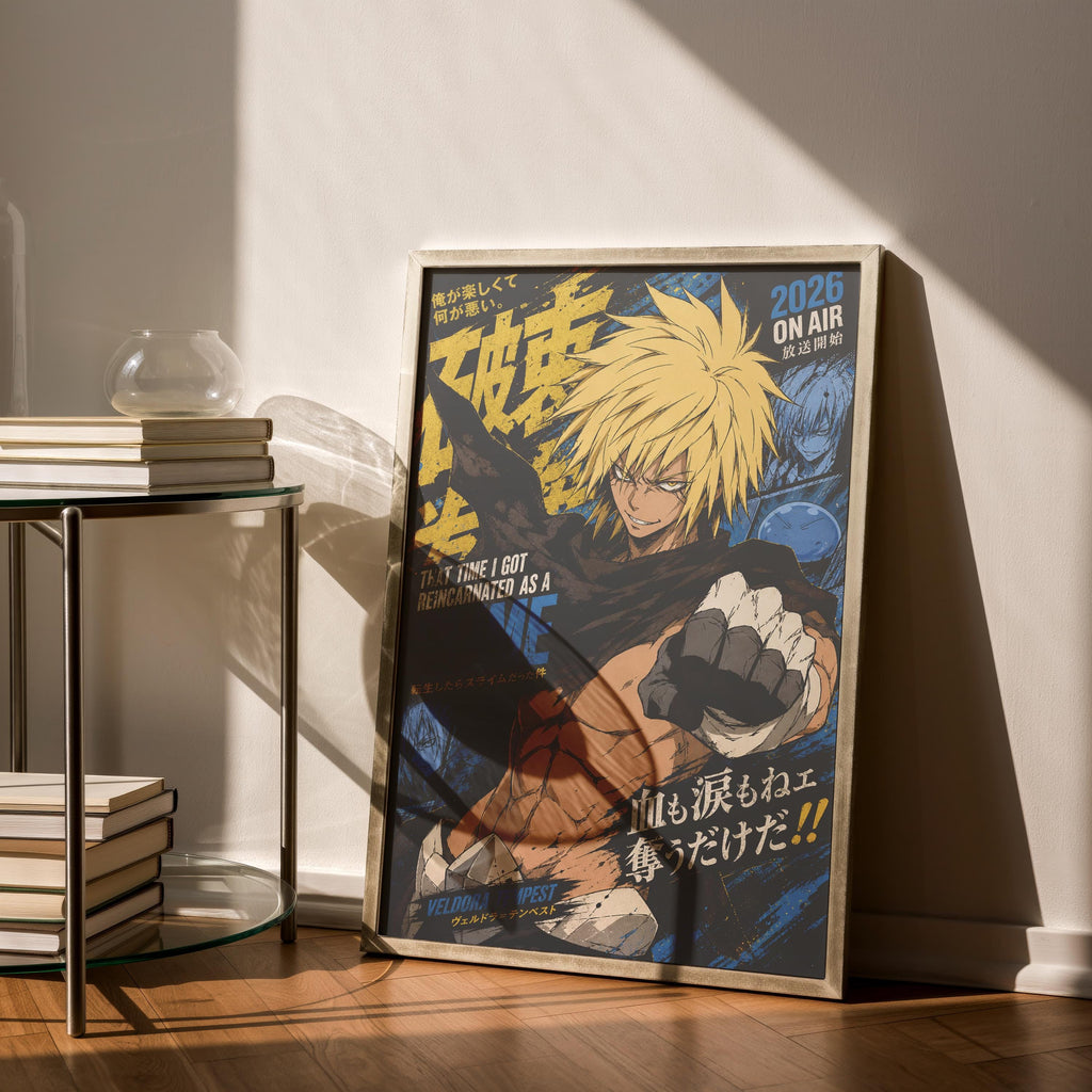 a poster of a character with a yellow hair color, displayed on a wall next to a glass table.