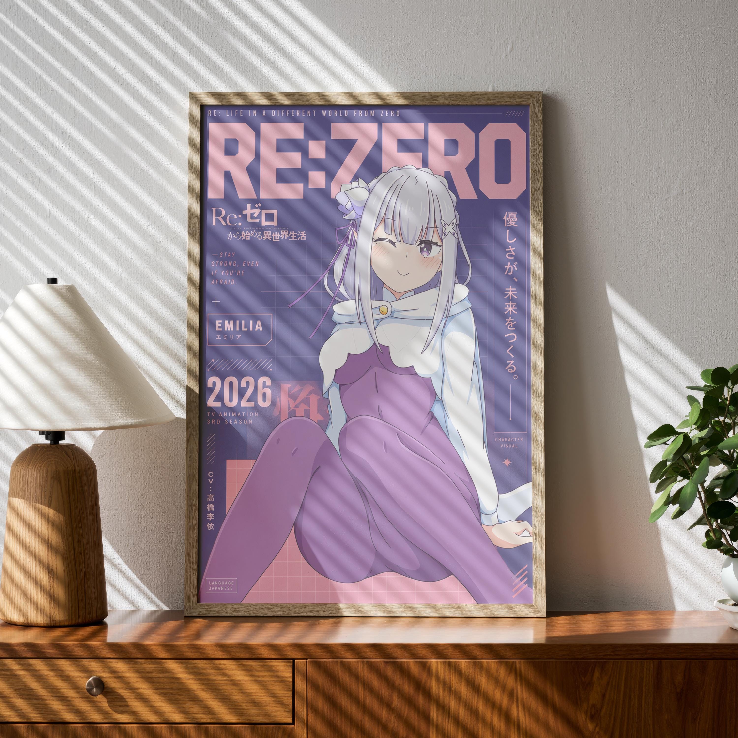 a poster of an anime character, with a focus on the title "RE:ZERO" and the character's name "Emilia". The poster is displayed on a wooden surface, with a lamp and a plant in the background.