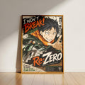 The image is a poster featuring an animated character with a determined expression, surrounded by text and imagery related to the anime series "Re:Zero".