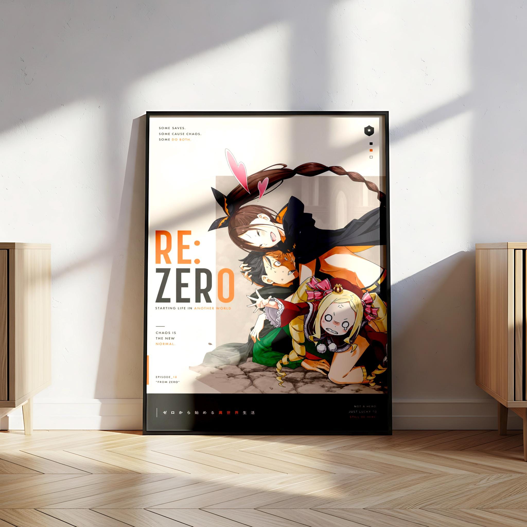 The image is a poster featuring an anime-style illustration of three characters, with the title "RE: ZERO" prominently displayed.