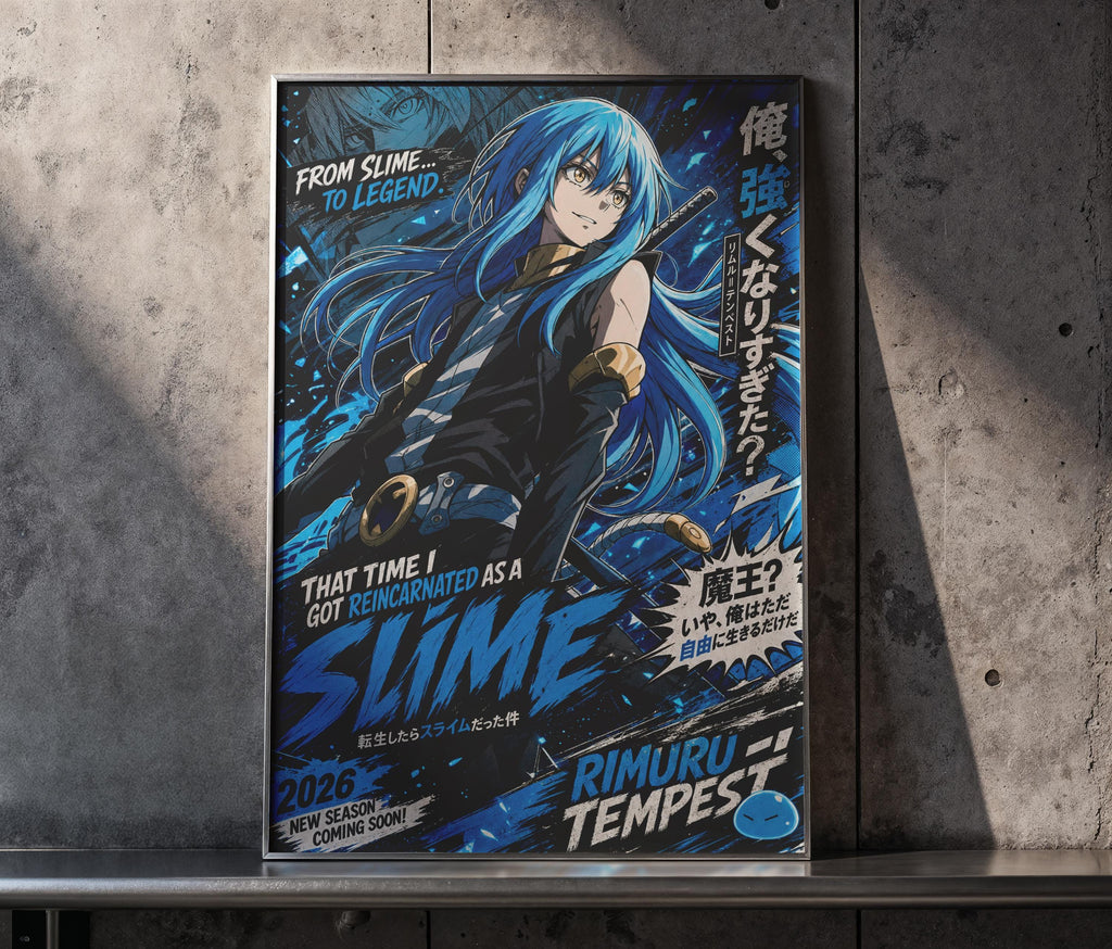 The image is a poster for the anime "Slime: The New Season" featuring an illustration of a character with blue hair and a sword.
