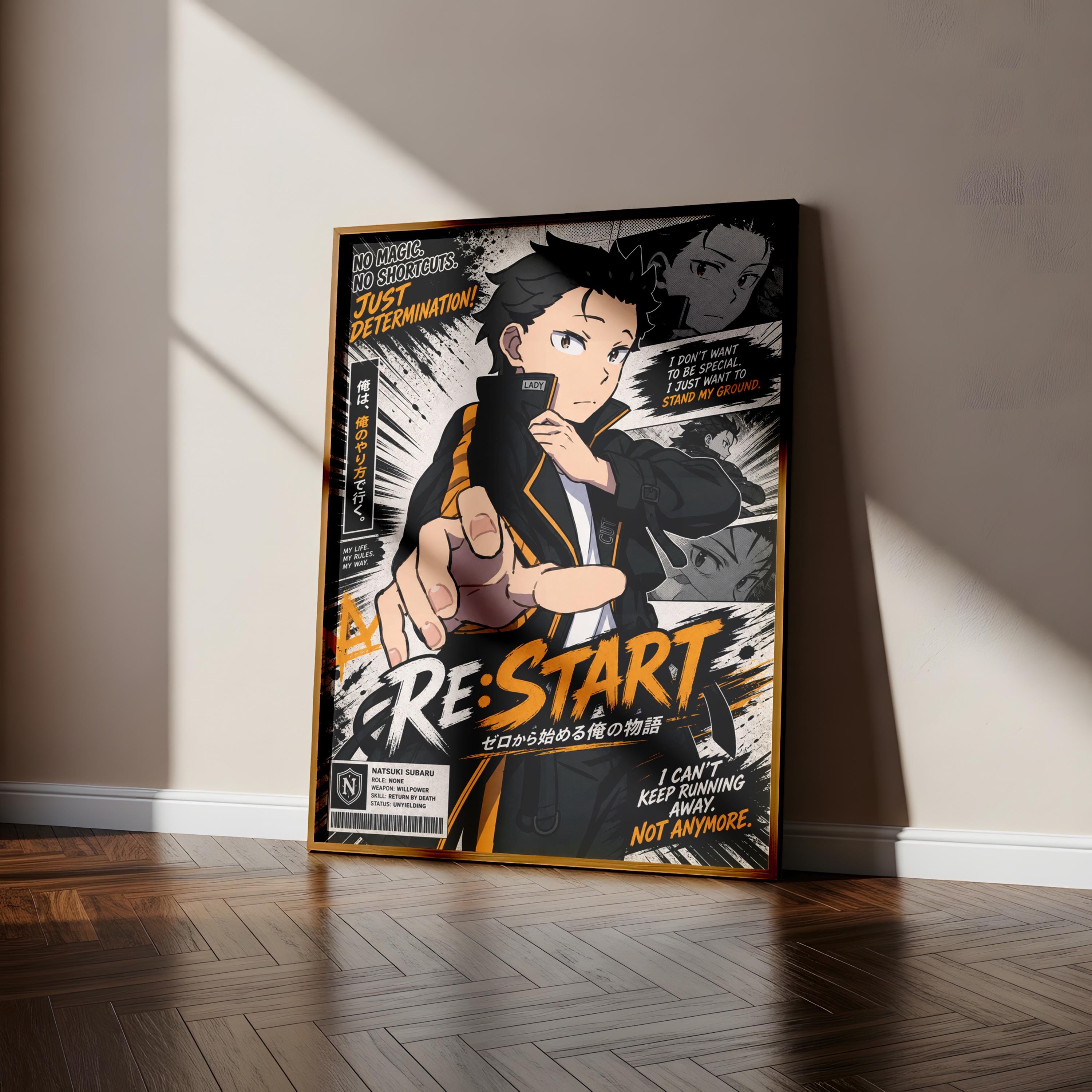 The image is a poster featuring an anime-style character with a determined expression, standing in a room with a wooden floor.
