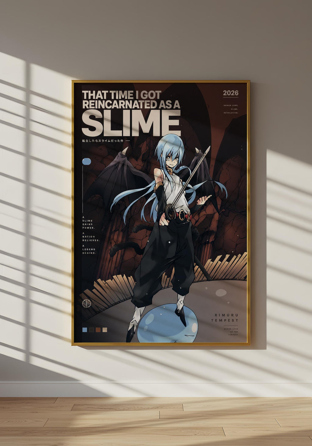 The image is a poster featuring an anime-style illustration of a character with blue hair and a white outfit, holding a sword and standing in a dark, rocky setting.